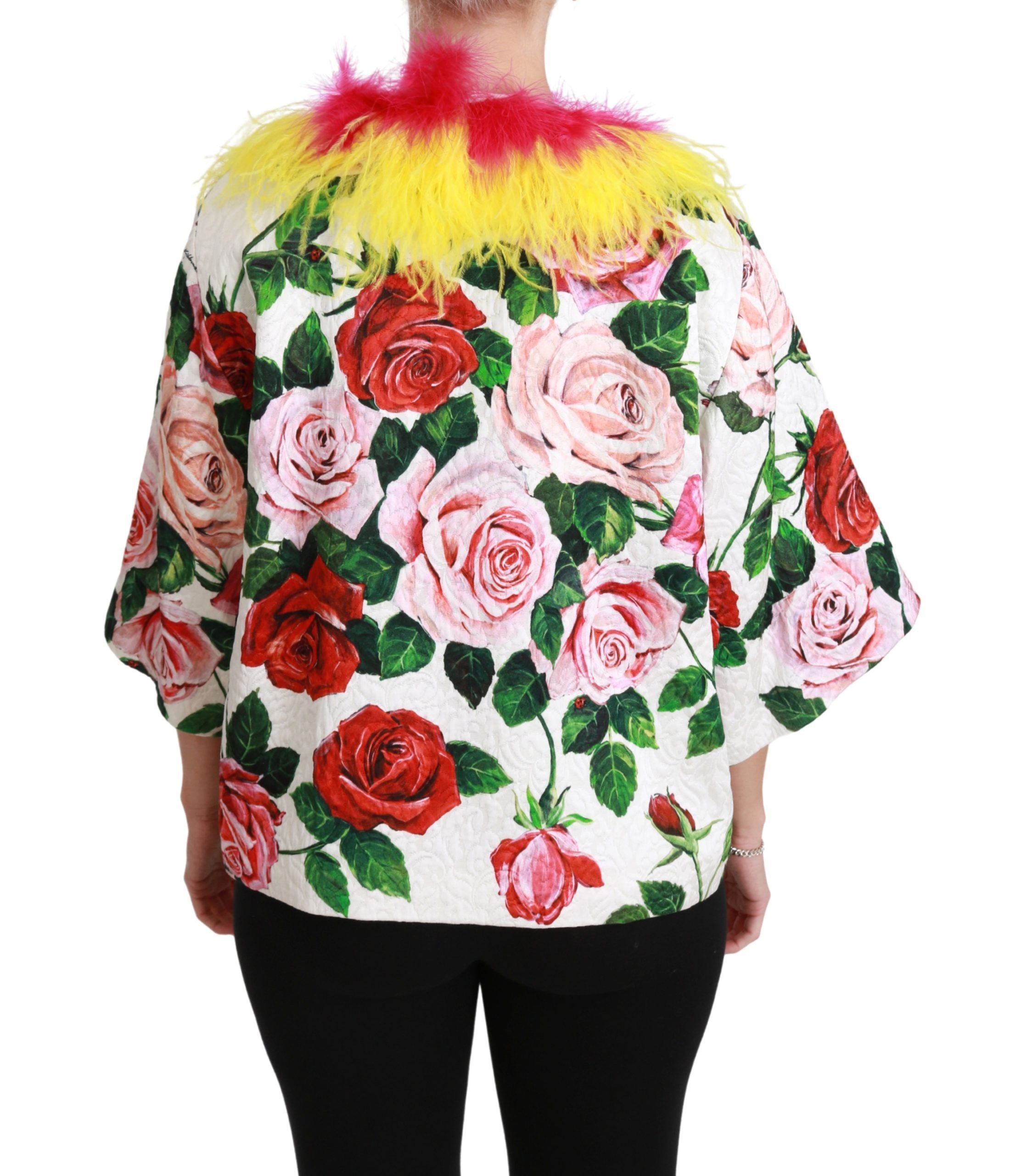Dolce & Gabbana White Floral Coat Capte Fur Roses Jacket-4