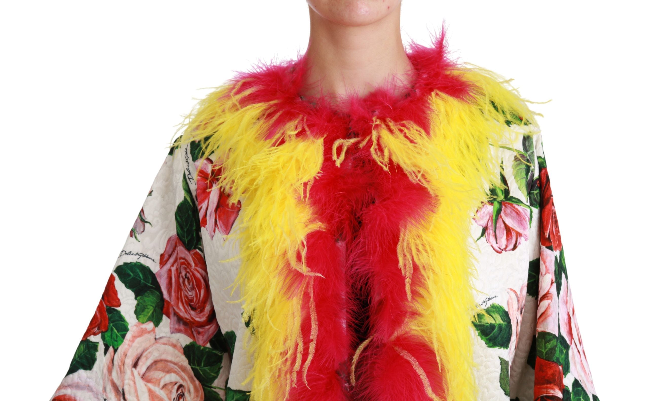 Dolce & Gabbana White Floral Coat Capte Fur Roses Jacket-5