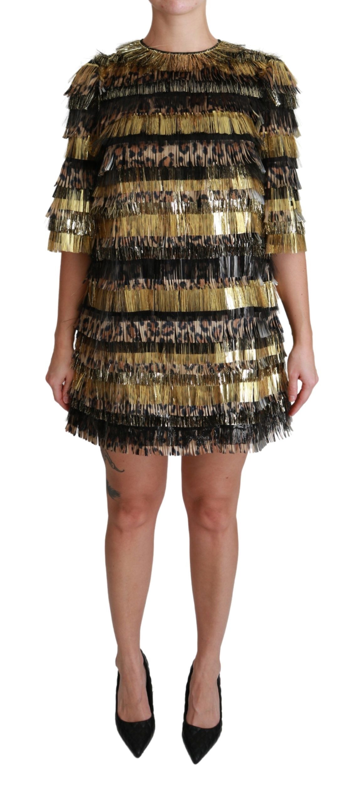 Dolce & Gabbana Polyester Black Gold Leopard Shift Mini Dress-2