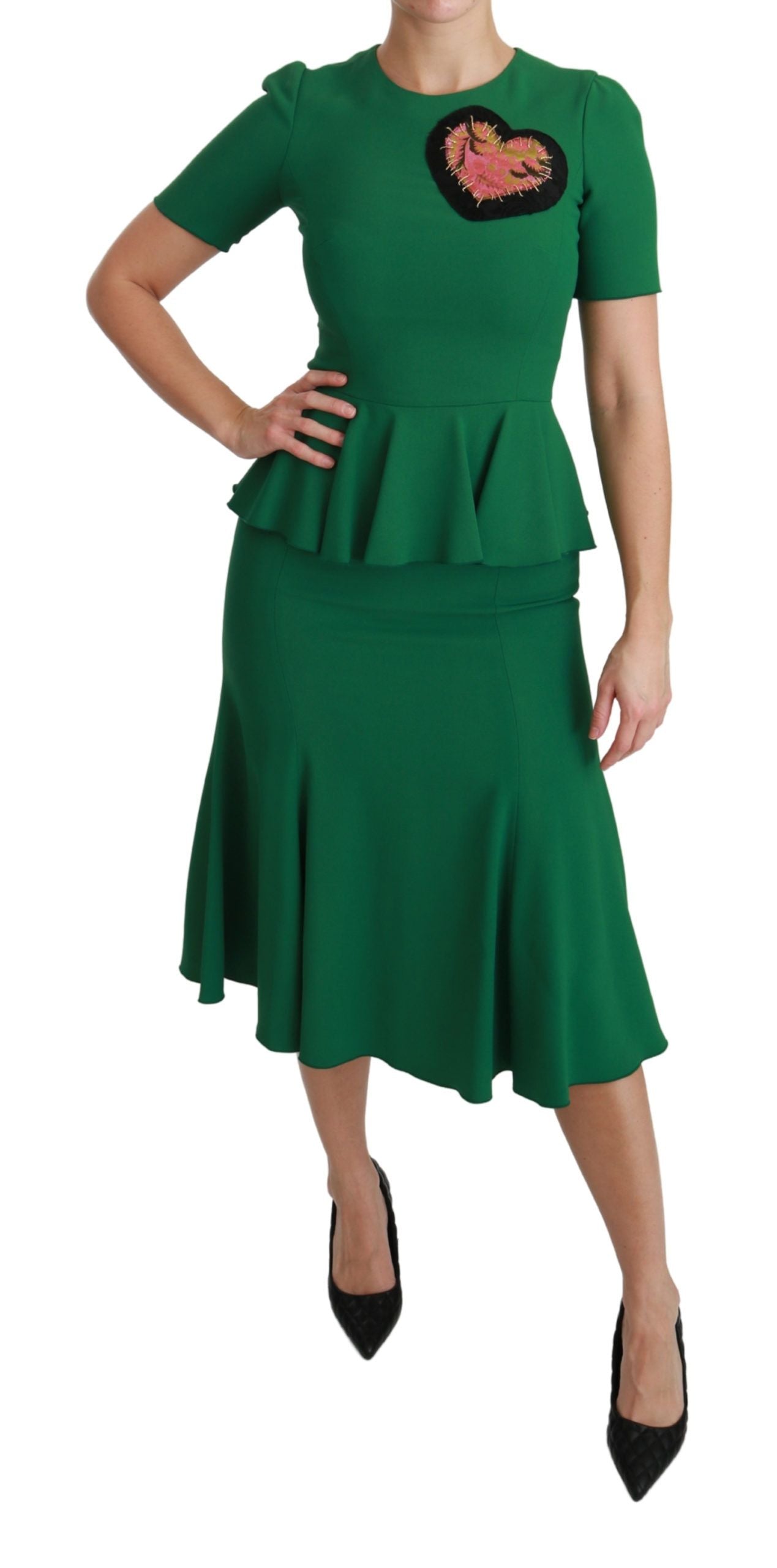 Dolce & Gabbana Green Heart Patch Mermaid Midi Dress in Viscose-6