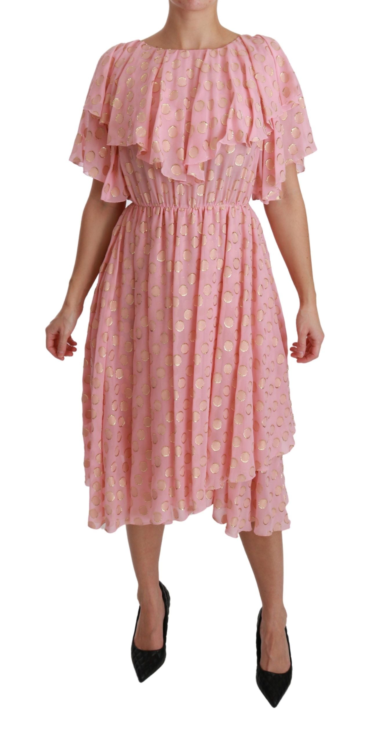 Dolce & Gabbana Rosa gepunktetes, plissiertes Midikleid in A-Linie aus Seide-1