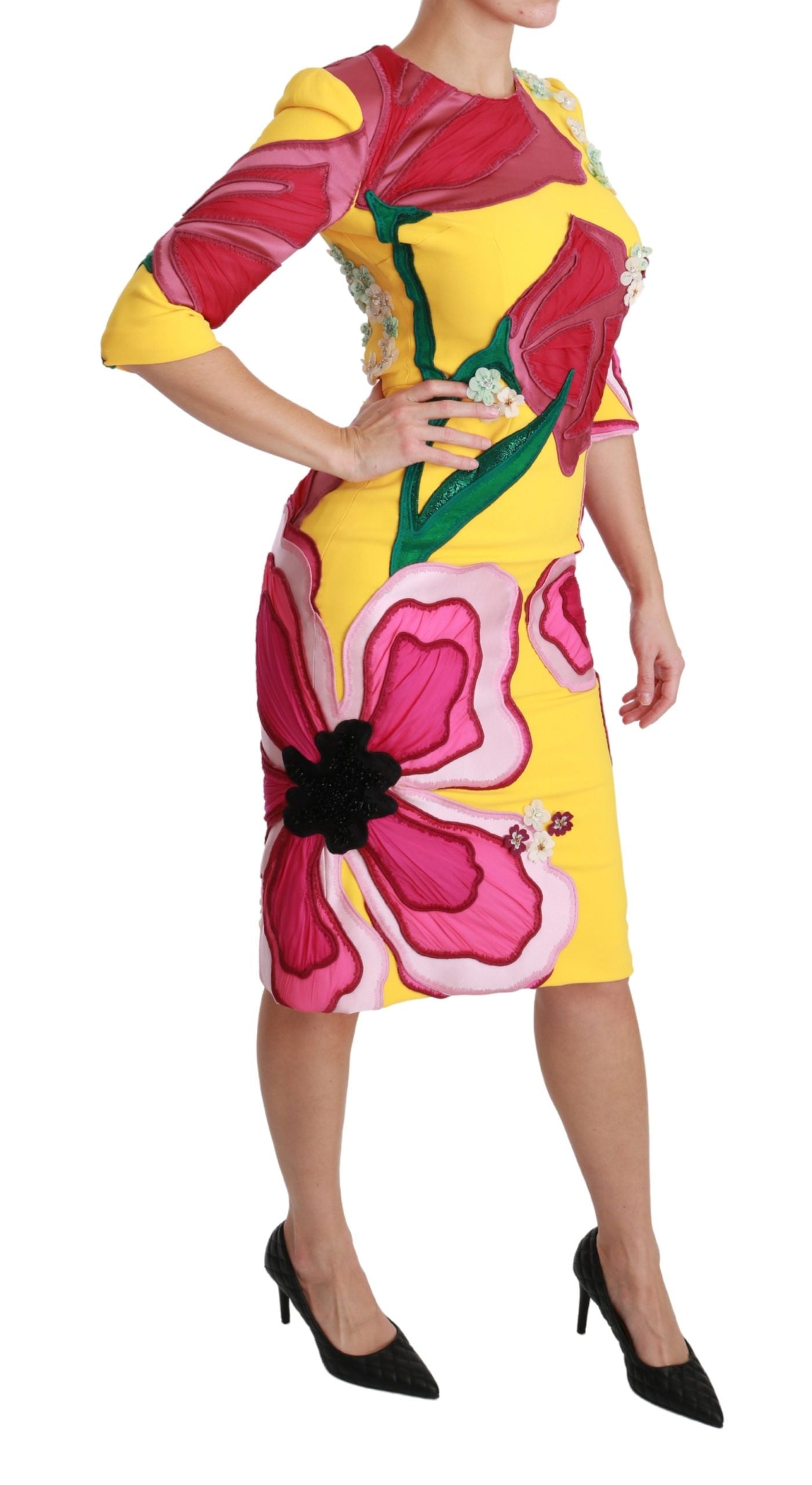 Dolce & Gabbana Yellow Floral Crystal Bodycon Sheath Dress-2