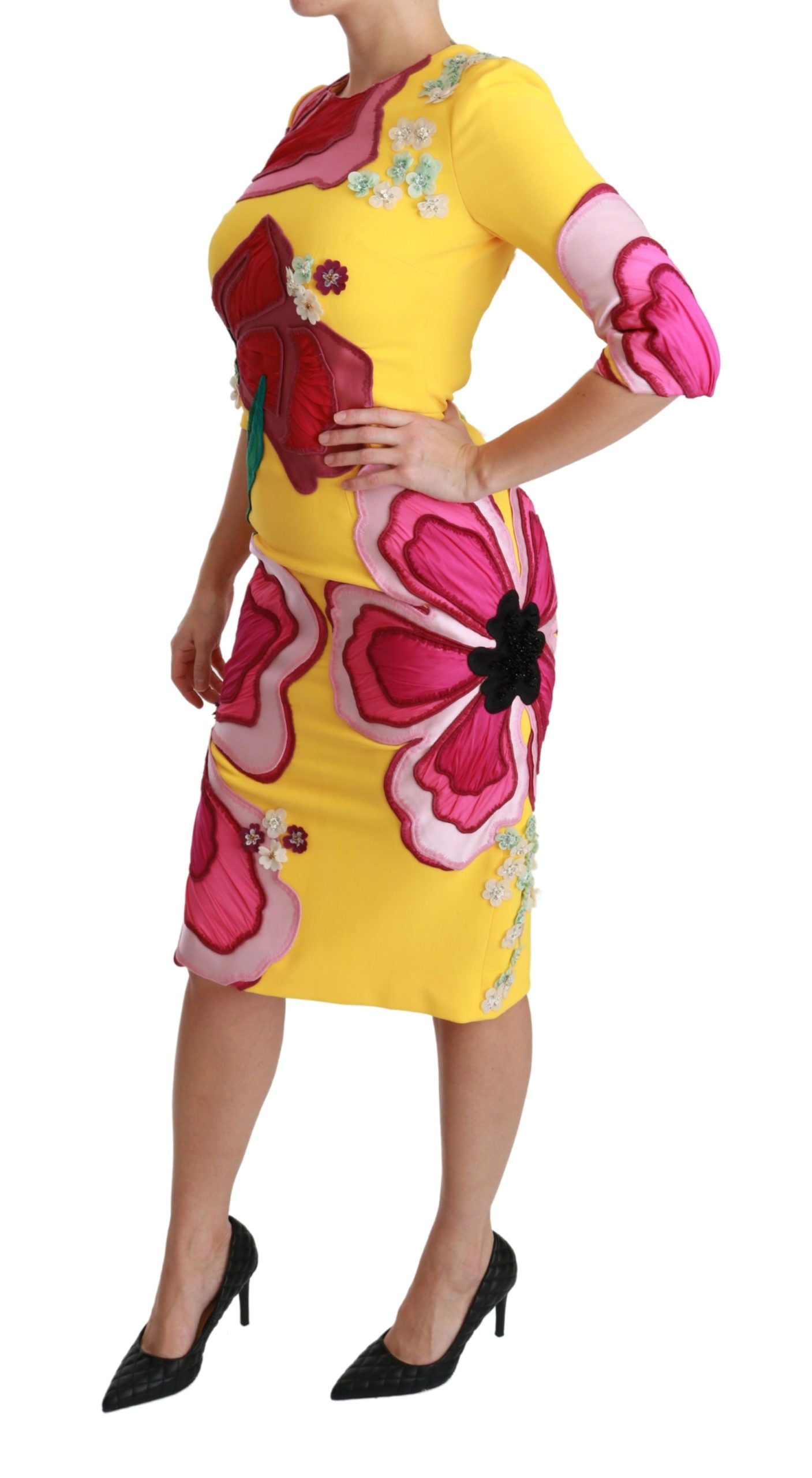 Dolce & Gabbana Yellow Floral Crystal Bodycon Sheath Dress-3