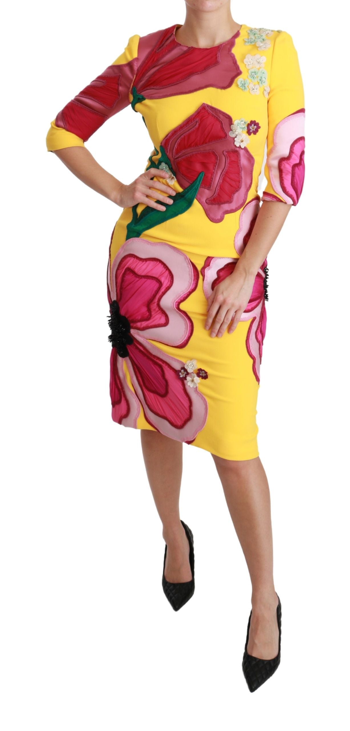 Dolce & Gabbana Yellow Floral Crystal Bodycon Sheath Dress-6