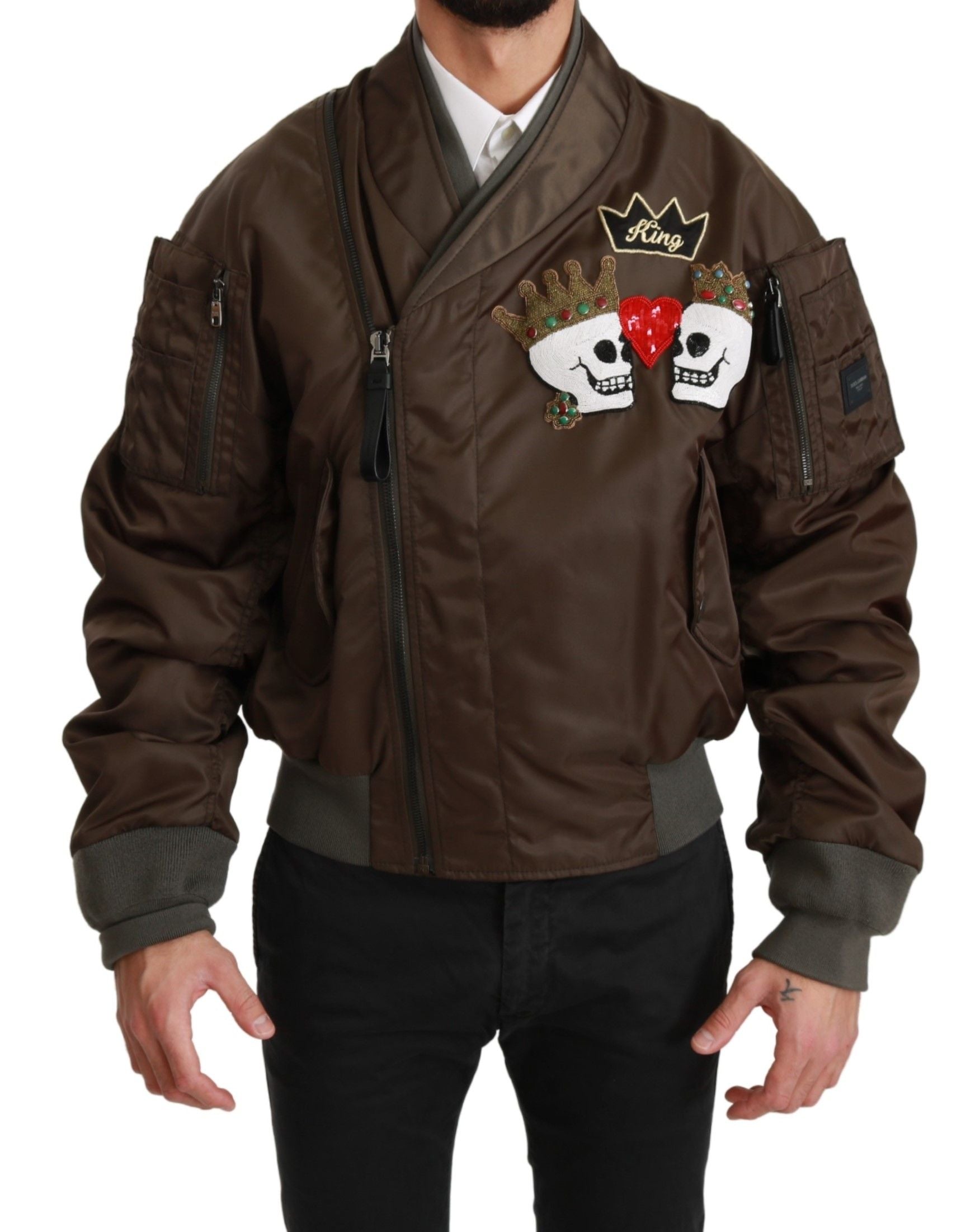 Dolce & Gabbana Brown Pearl Crown Skull Logo Jacket