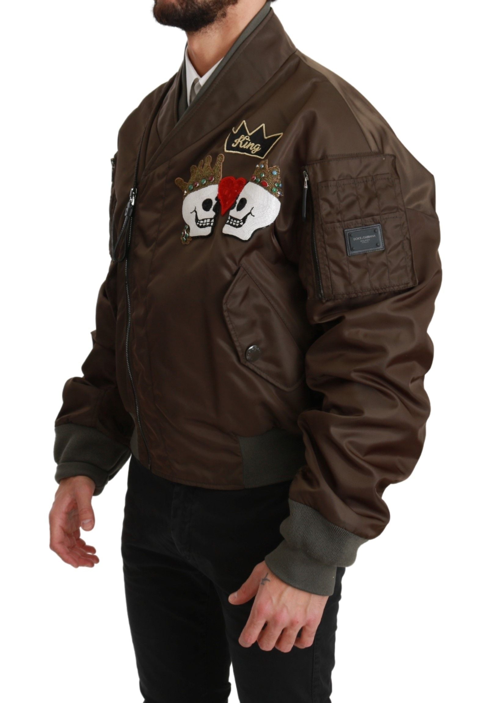 Dolce & Gabbana Brown Pearl Crown Skull Logo Jacket-4