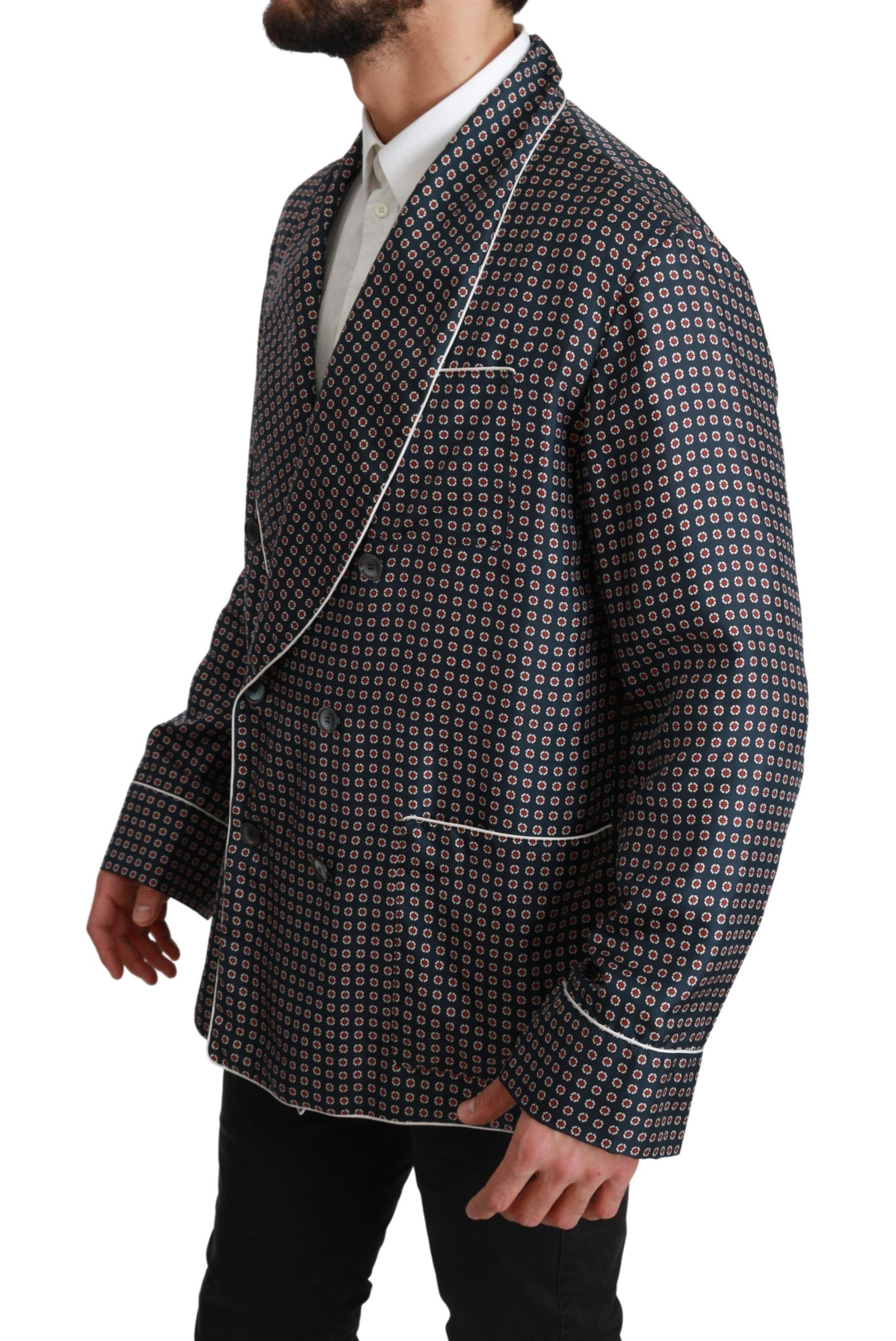 Dolce & Gabbana Navy Blue Patterned Double-Breasted Coat Jacket-2