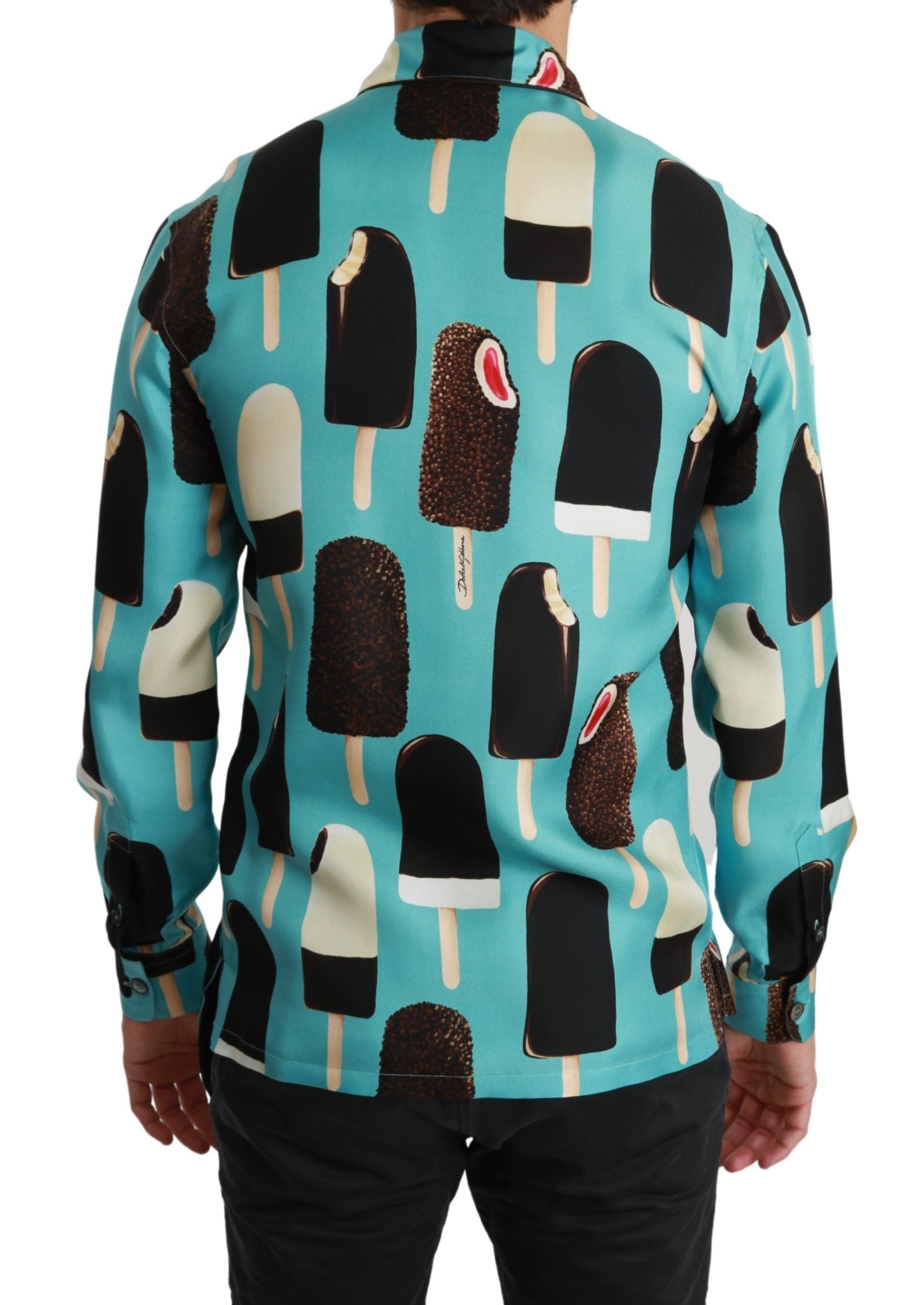 Dolce & Gabbana Blue Silk Ice Cream Print Casual Shirt-2