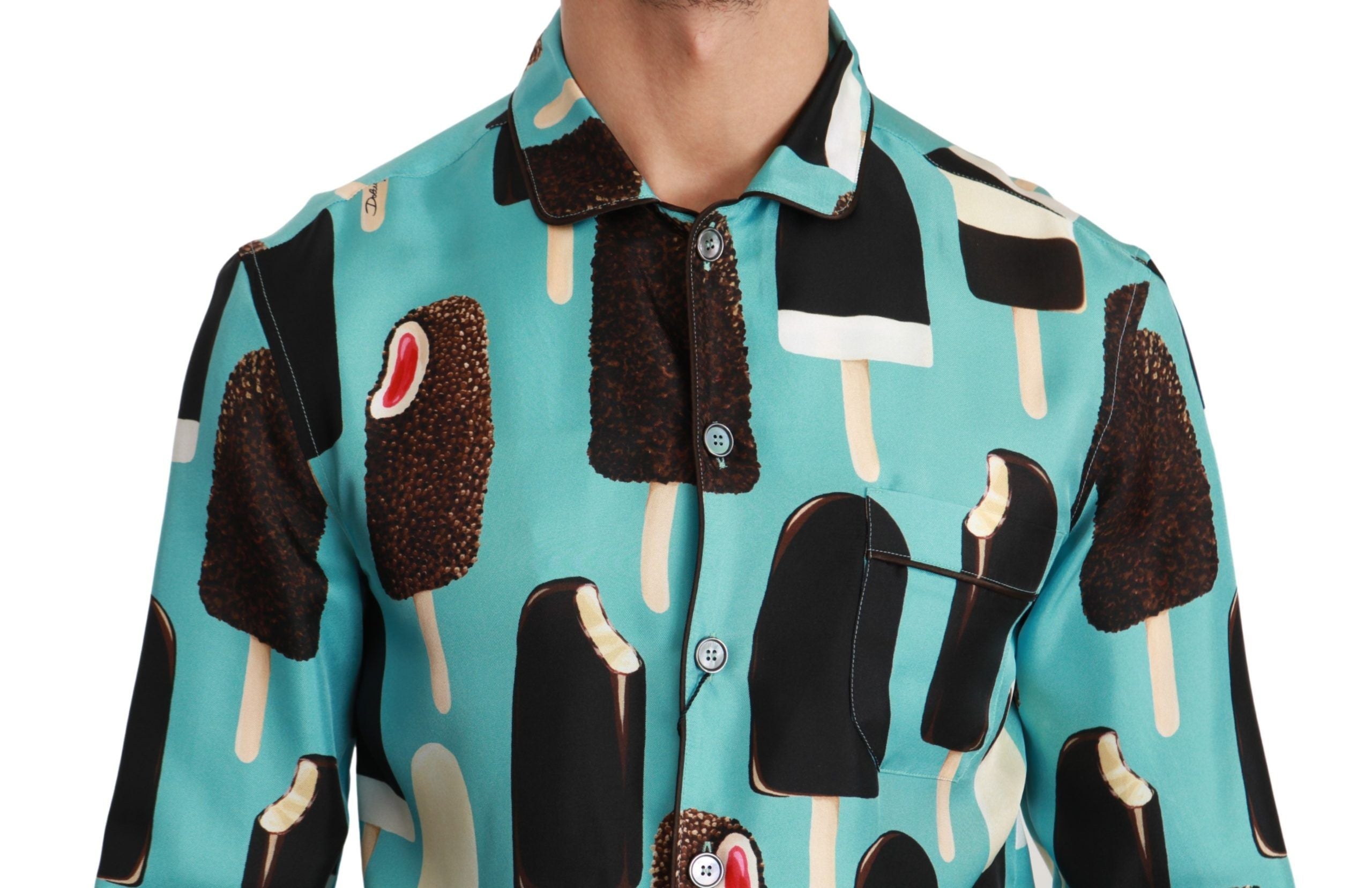 Dolce & Gabbana Blue Silk Ice Cream Print Casual Shirt-3