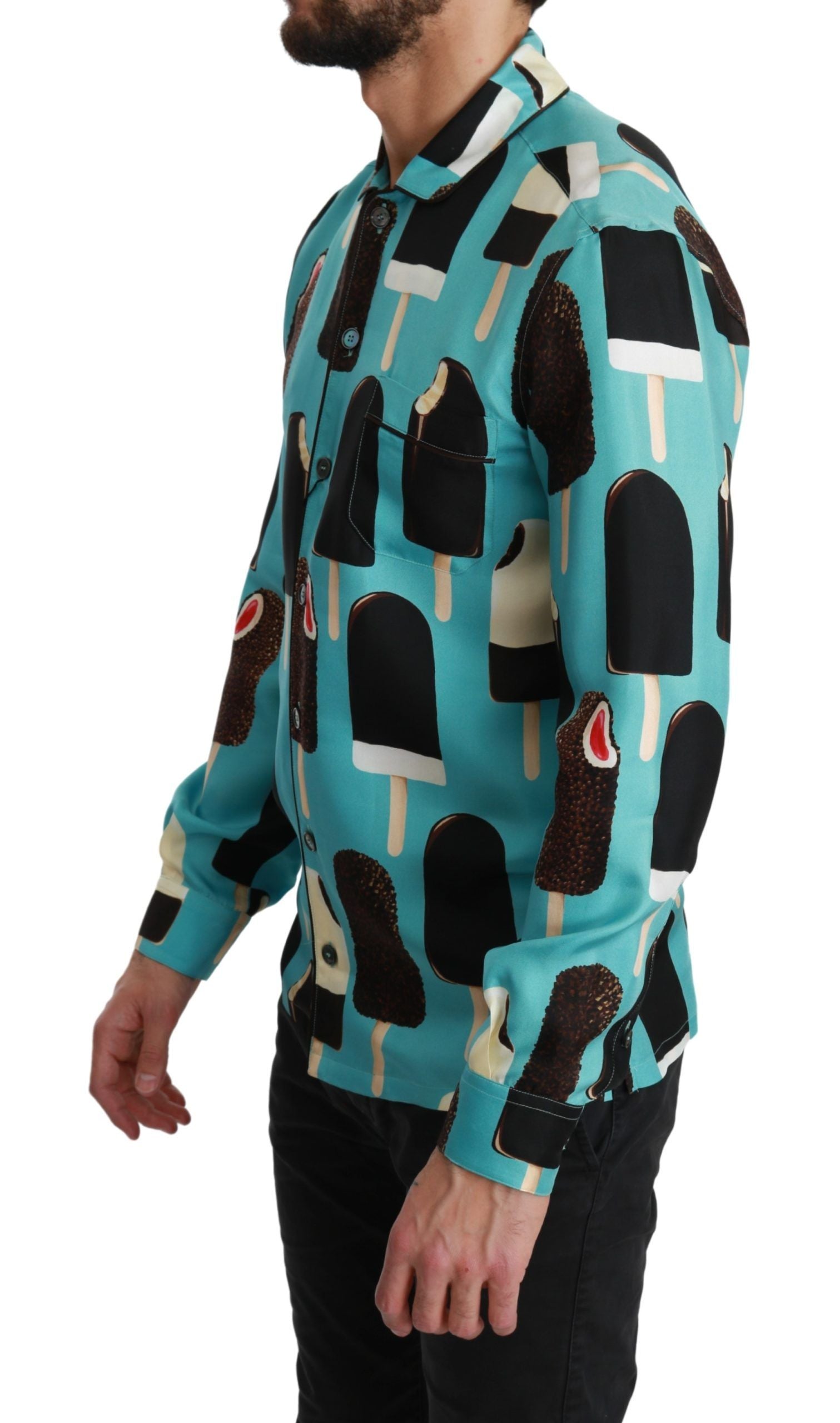 Dolce & Gabbana Blue Silk Ice Cream Print Casual Shirt-4