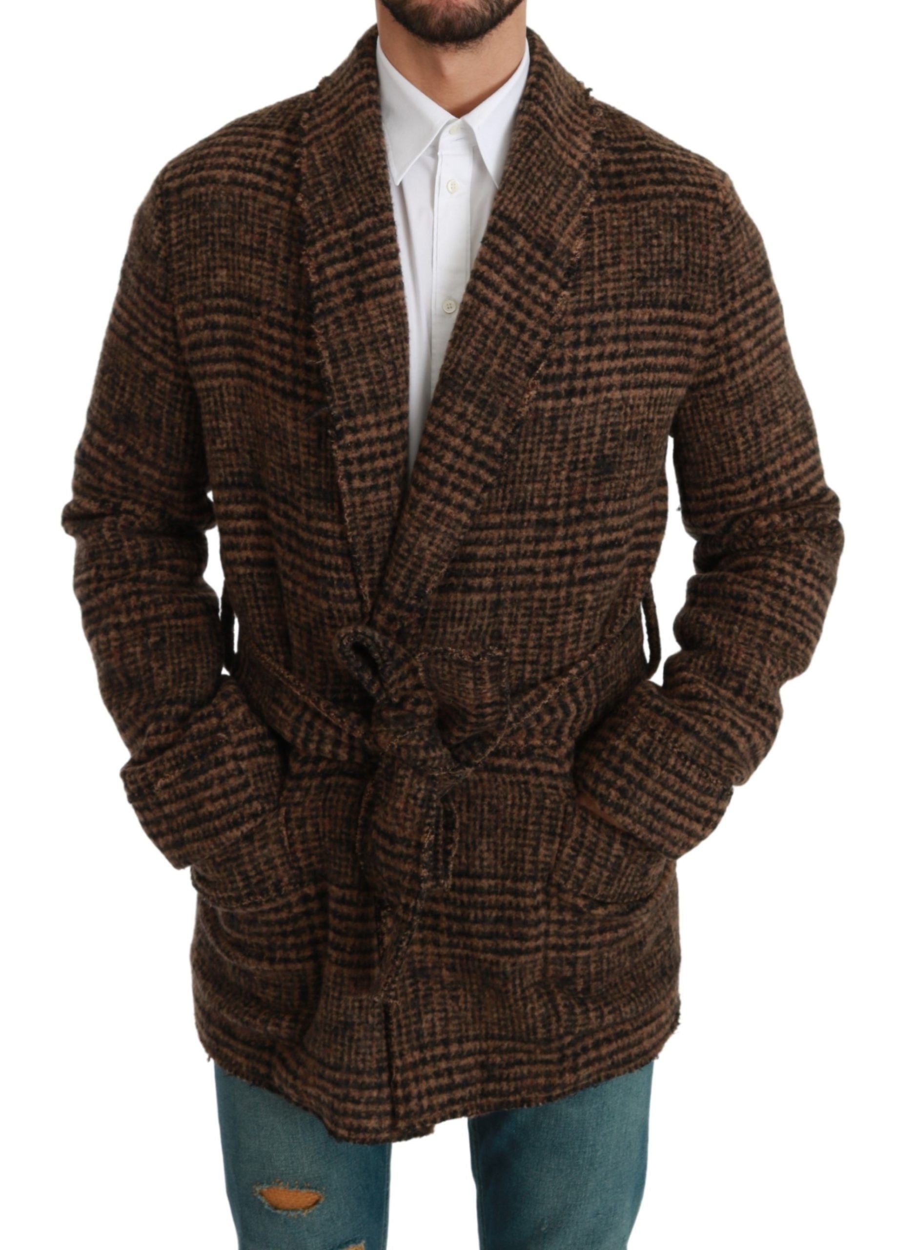 Dolce & Gabbana Brown Check Wool Coat Wrap Jacket-2