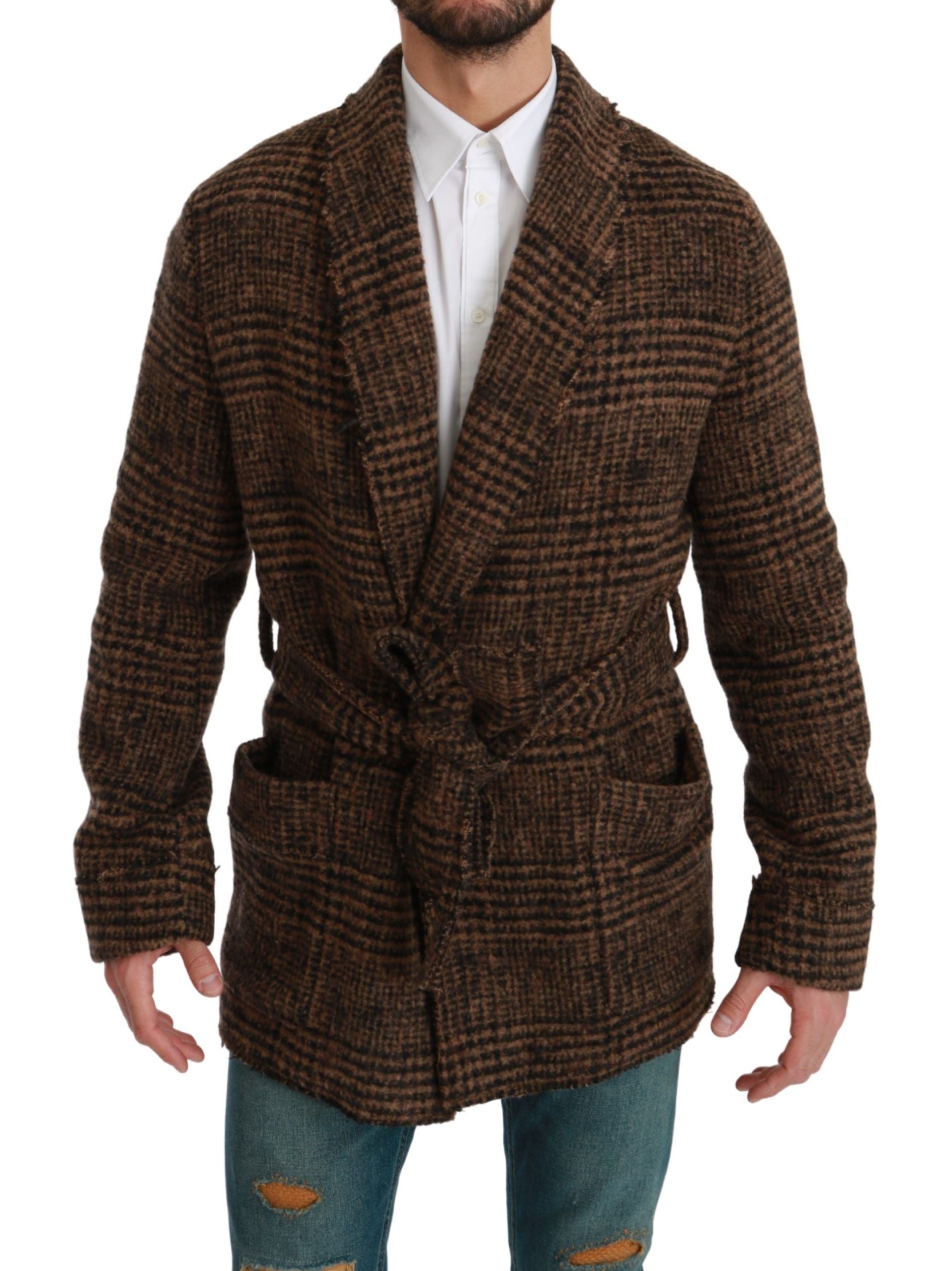 Dolce & Gabbana Brown Check Wool Coat Wrap Jacket