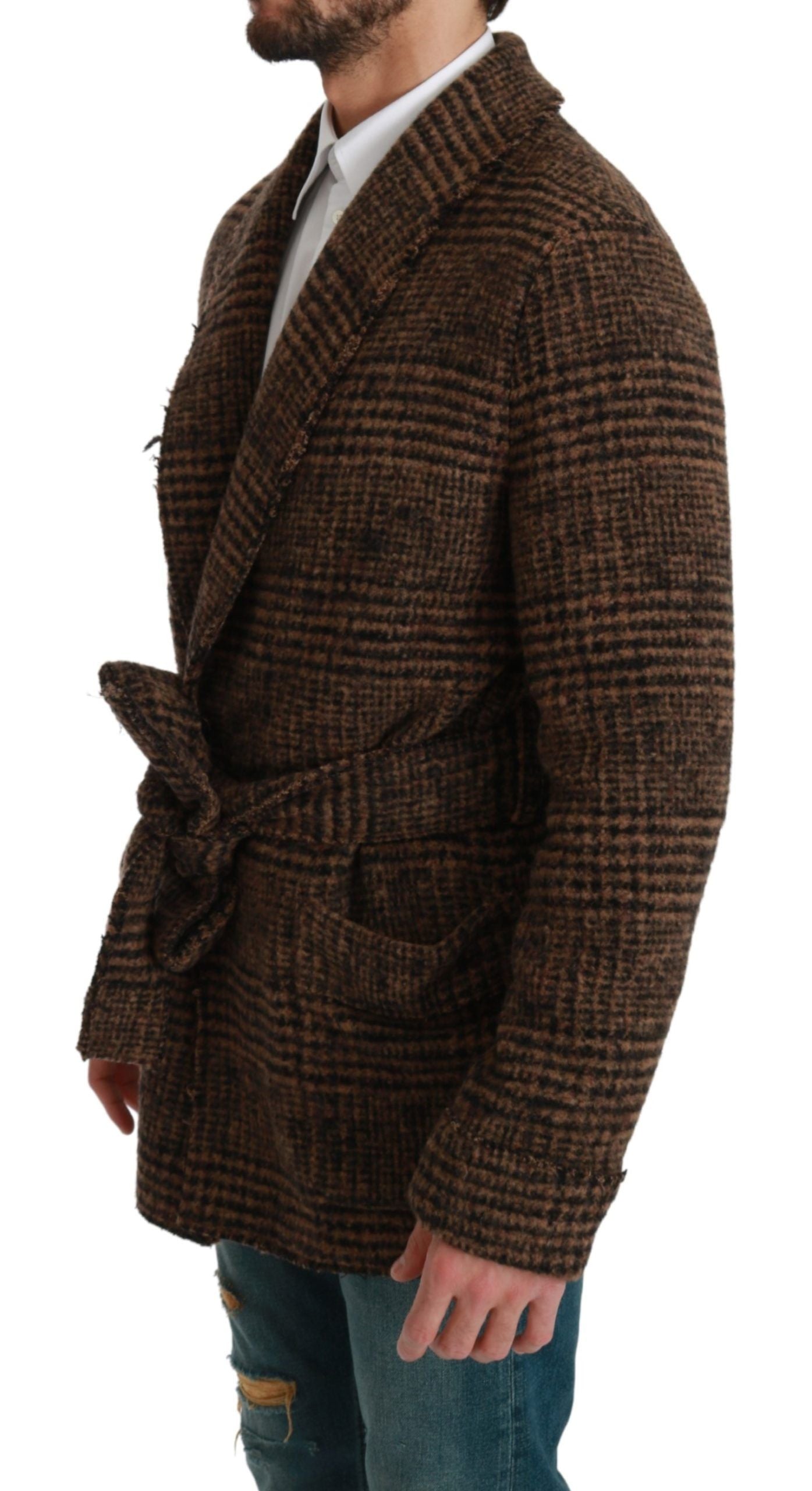 Dolce & Gabbana Brown Check Wool Coat Wrap Jacket-3