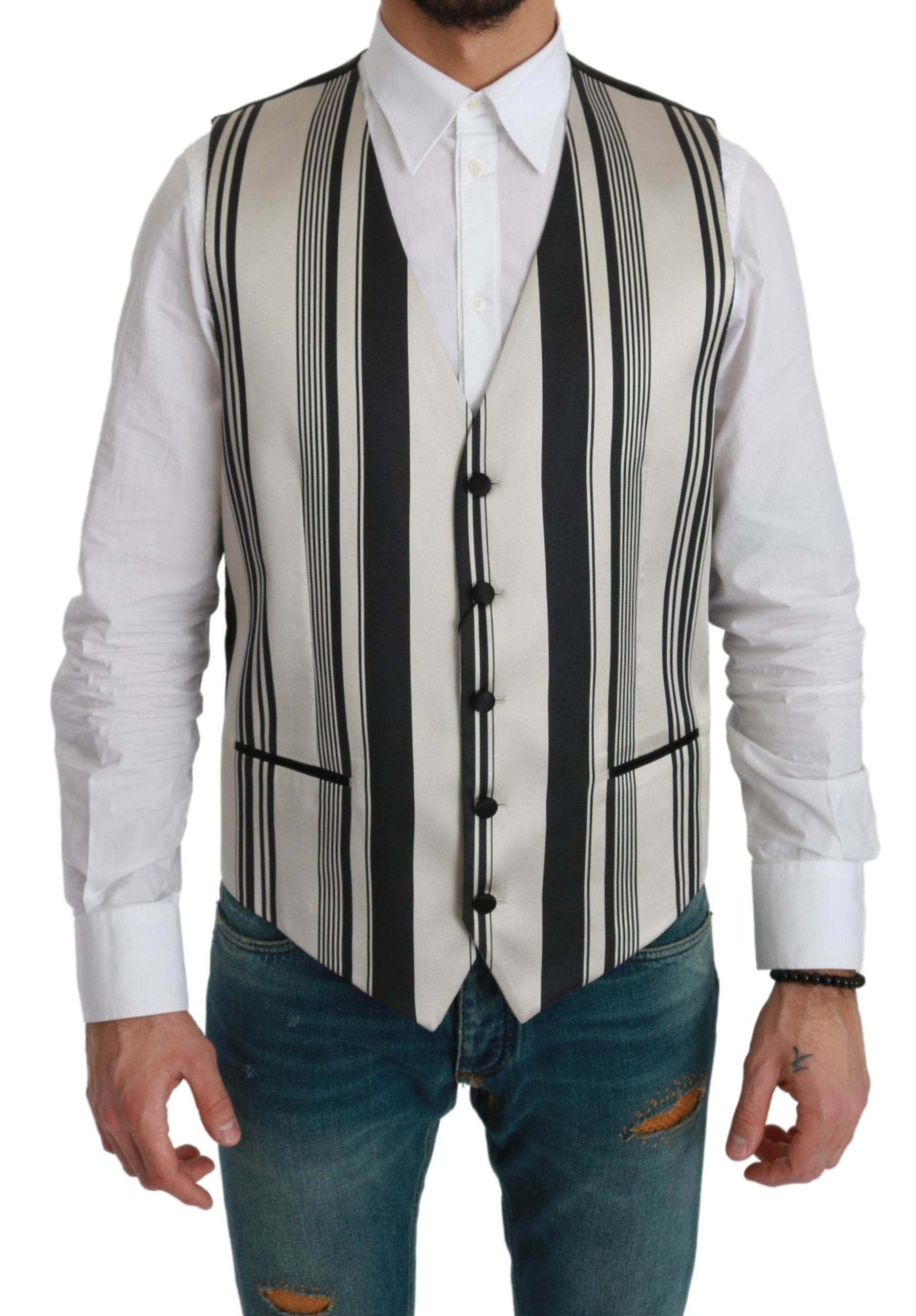 Dolce & Gabbana White Black Striped Vest Formal Vest-1