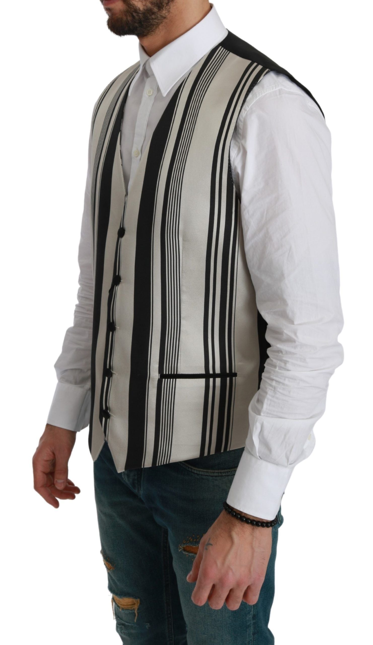 Dolce & Gabbana White Black Striped Vest Formal Vest-4