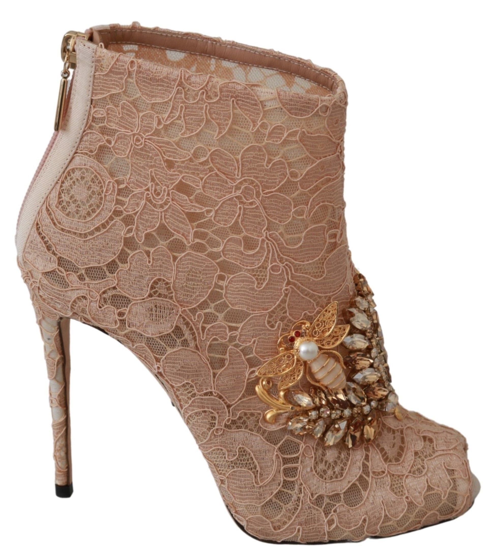 Dolce & Gabbana Pink Crystal Lace Booties Stiletto Shoes