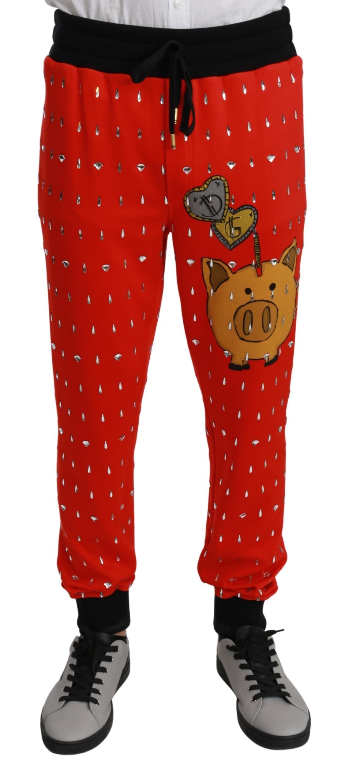Dolce & Gabbana Red Piggy Bank Cotton Crystal Trousers