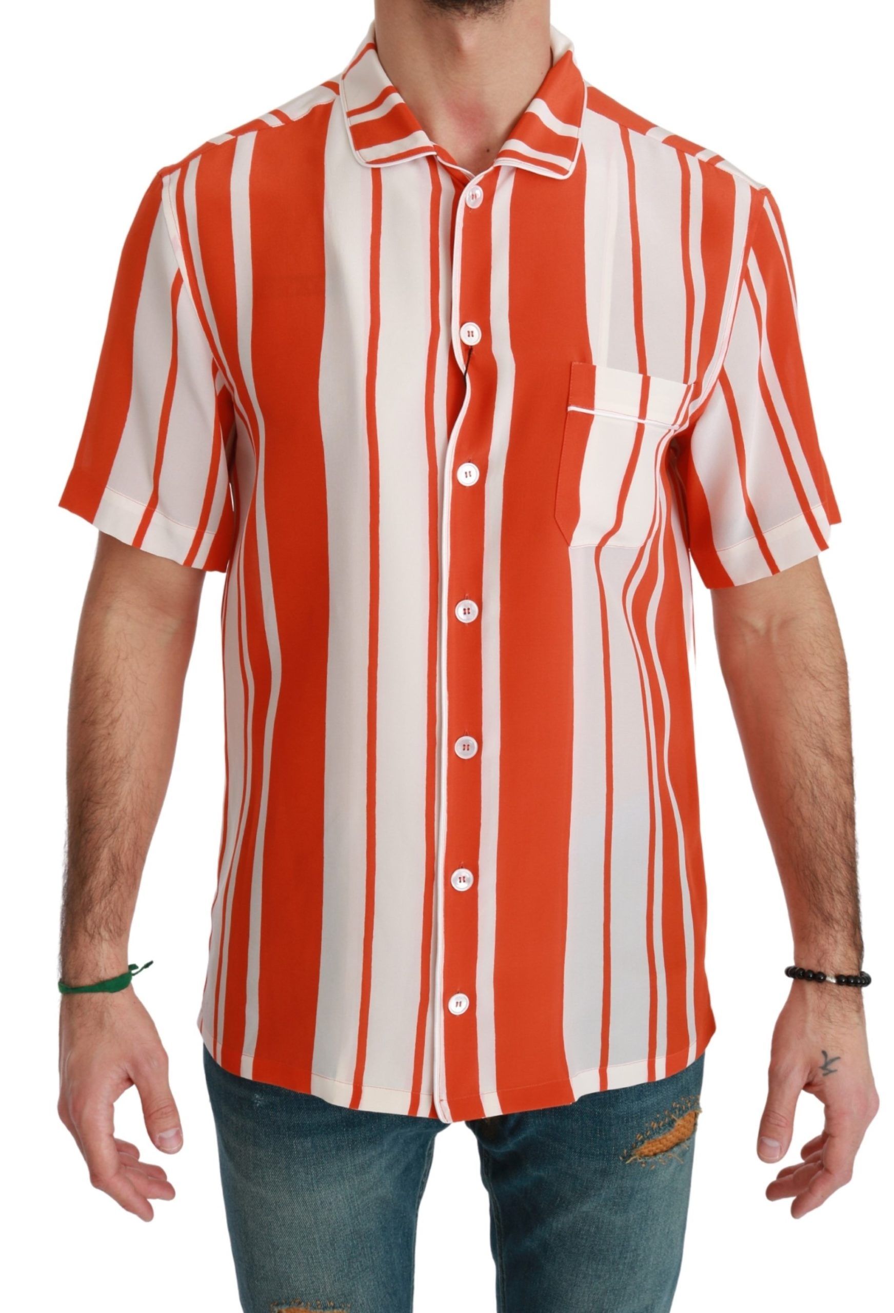 Dolce & Gabbana Orangefarbenes, gestreiftes Seidenhemd mit kurzen Ärmeln-1