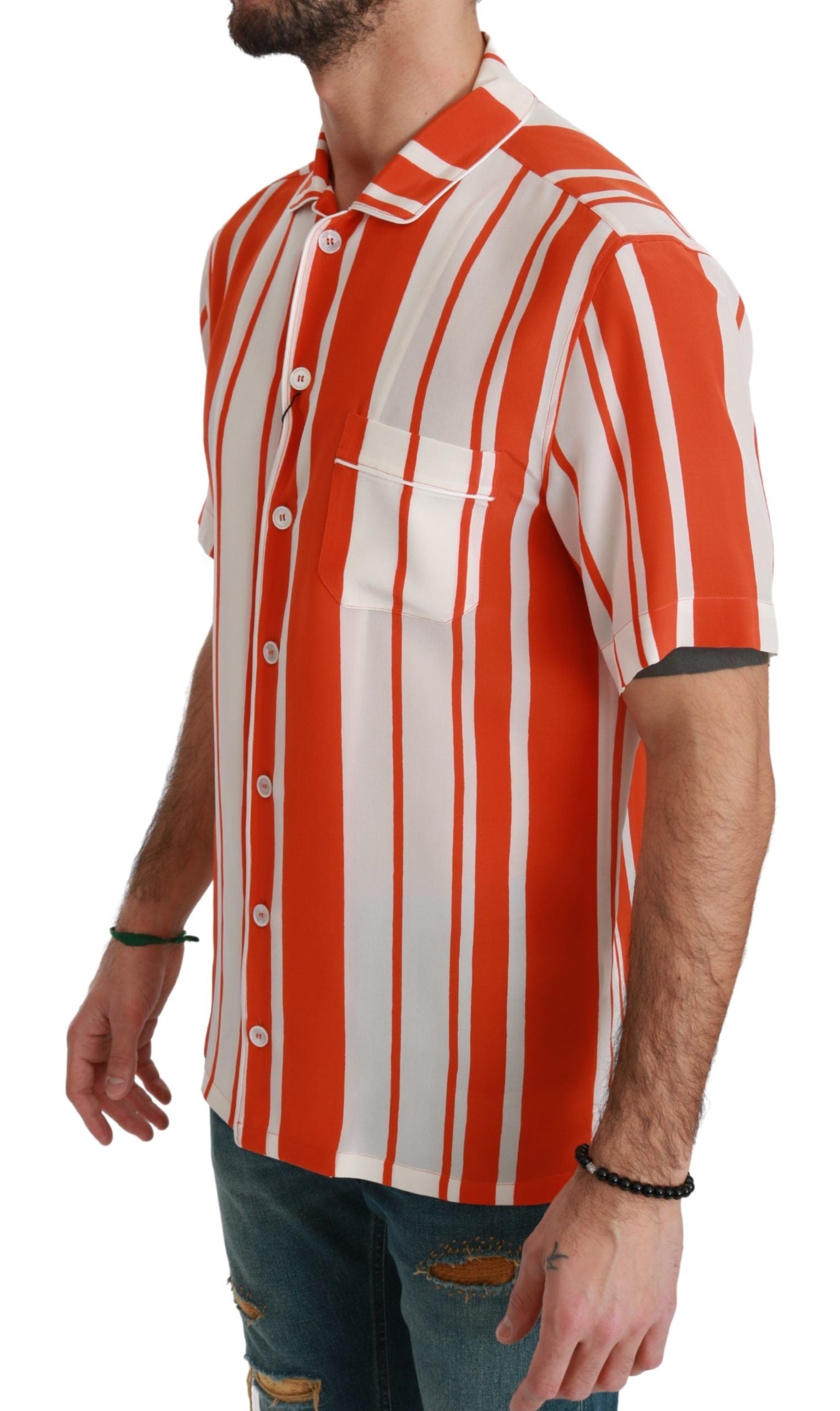 Dolce & Gabbana Orangefarbenes, gestreiftes Seidenhemd mit kurzen Ärmeln-2