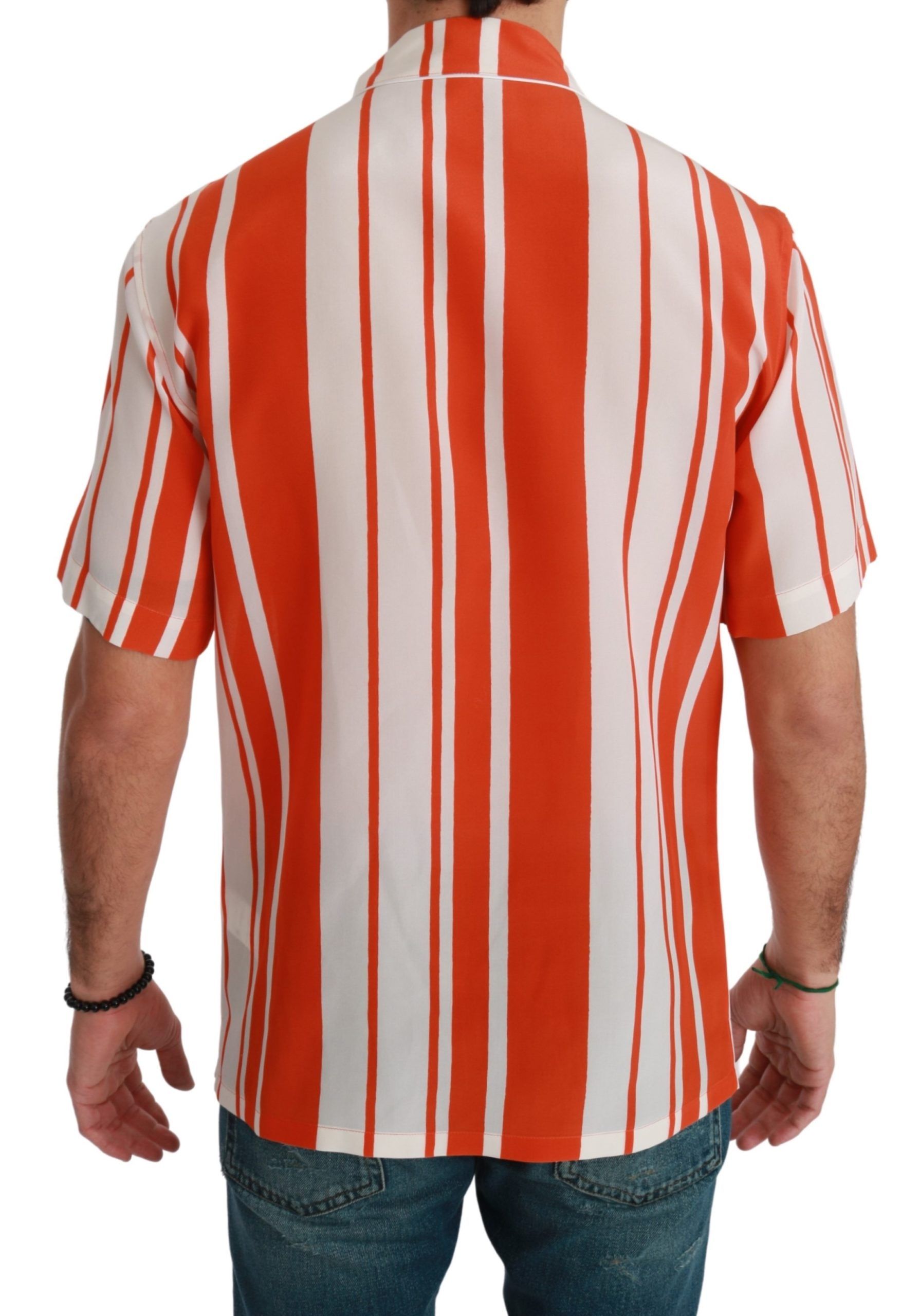 Dolce & Gabbana Orangefarbenes, gestreiftes Seidenhemd mit kurzen Ärmeln-3