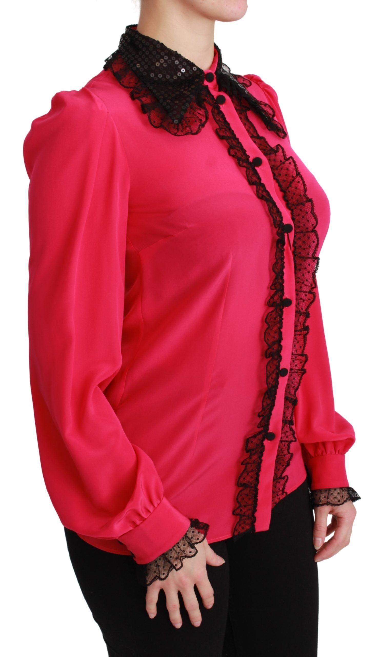 Dolce & Gabbana Pink Silk Black Sequin Lace Shirt Blouse-2