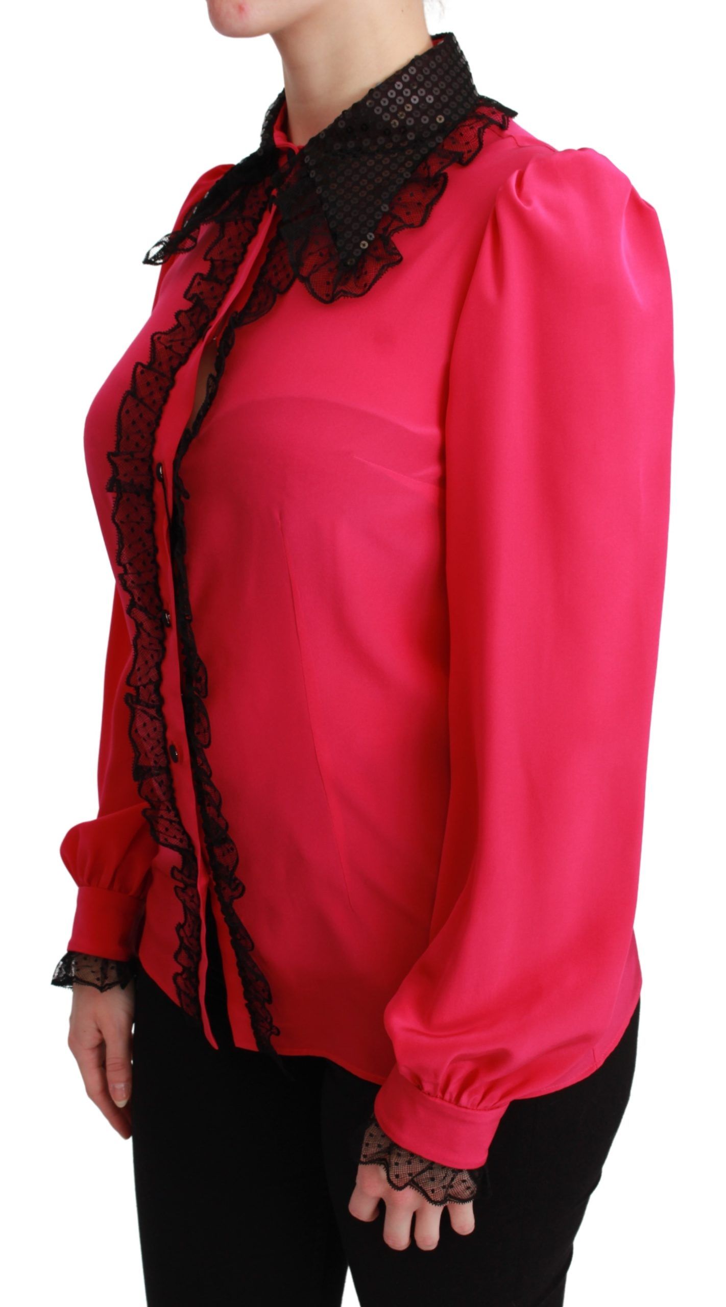 Dolce & Gabbana Pink Silk Black Sequin Lace Shirt Blouse-3