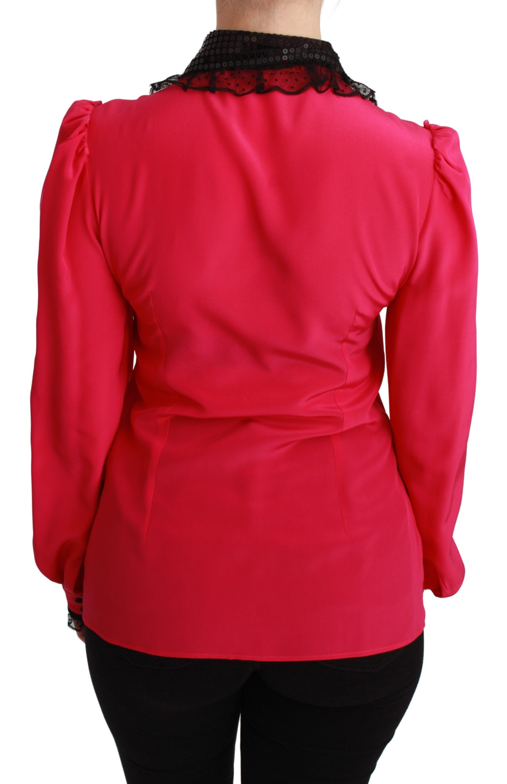 Dolce & Gabbana Pink Silk Black Sequin Lace Shirt Blouse-4