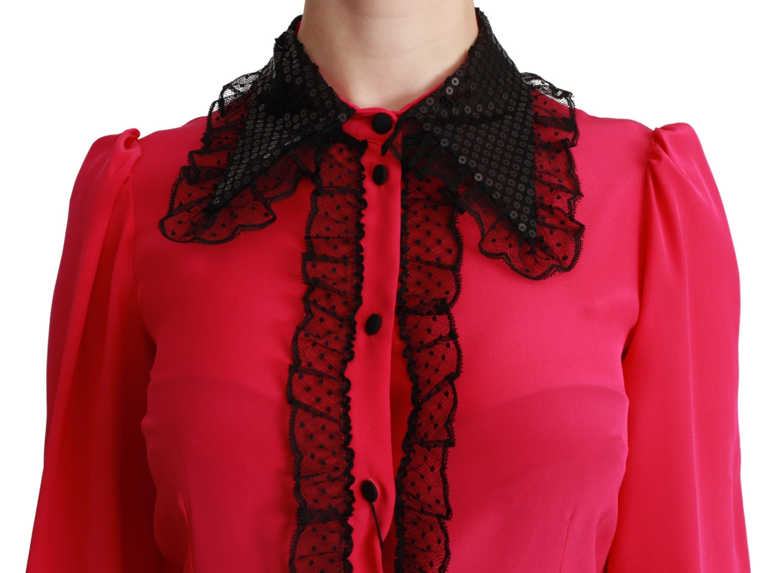 Dolce & Gabbana Pink Silk Black Sequin Lace Shirt Blouse-5