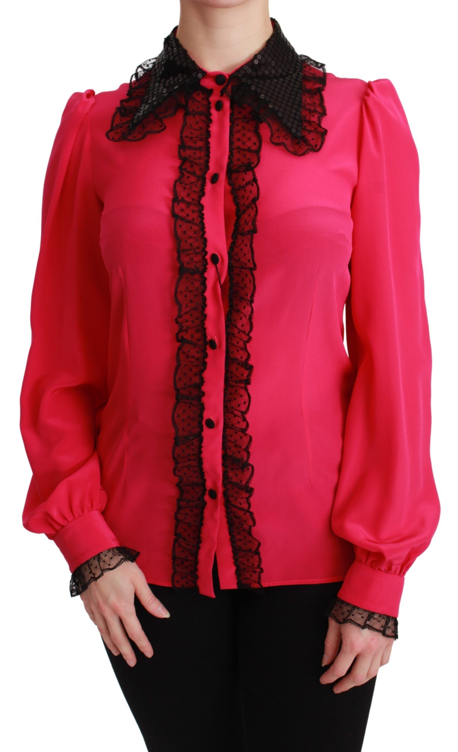 Dolce & Gabbana Pink Silk Black Sequin Lace Shirt Blouse-1
