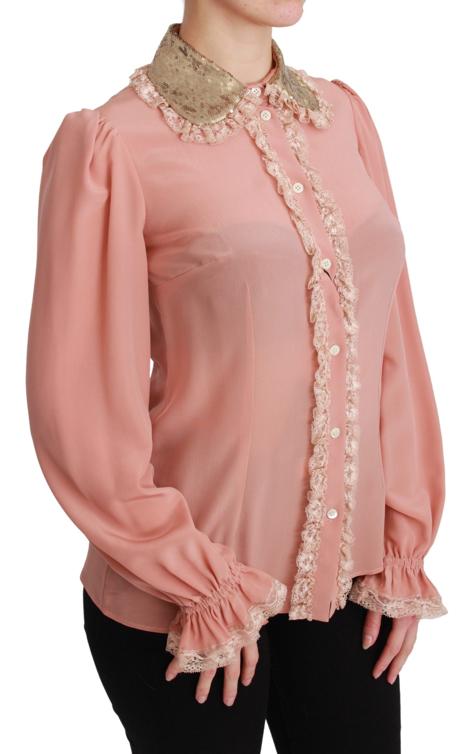 Dolce & Gabbana Pink Silk Gold Sequin Lace Blouse Shirt-2