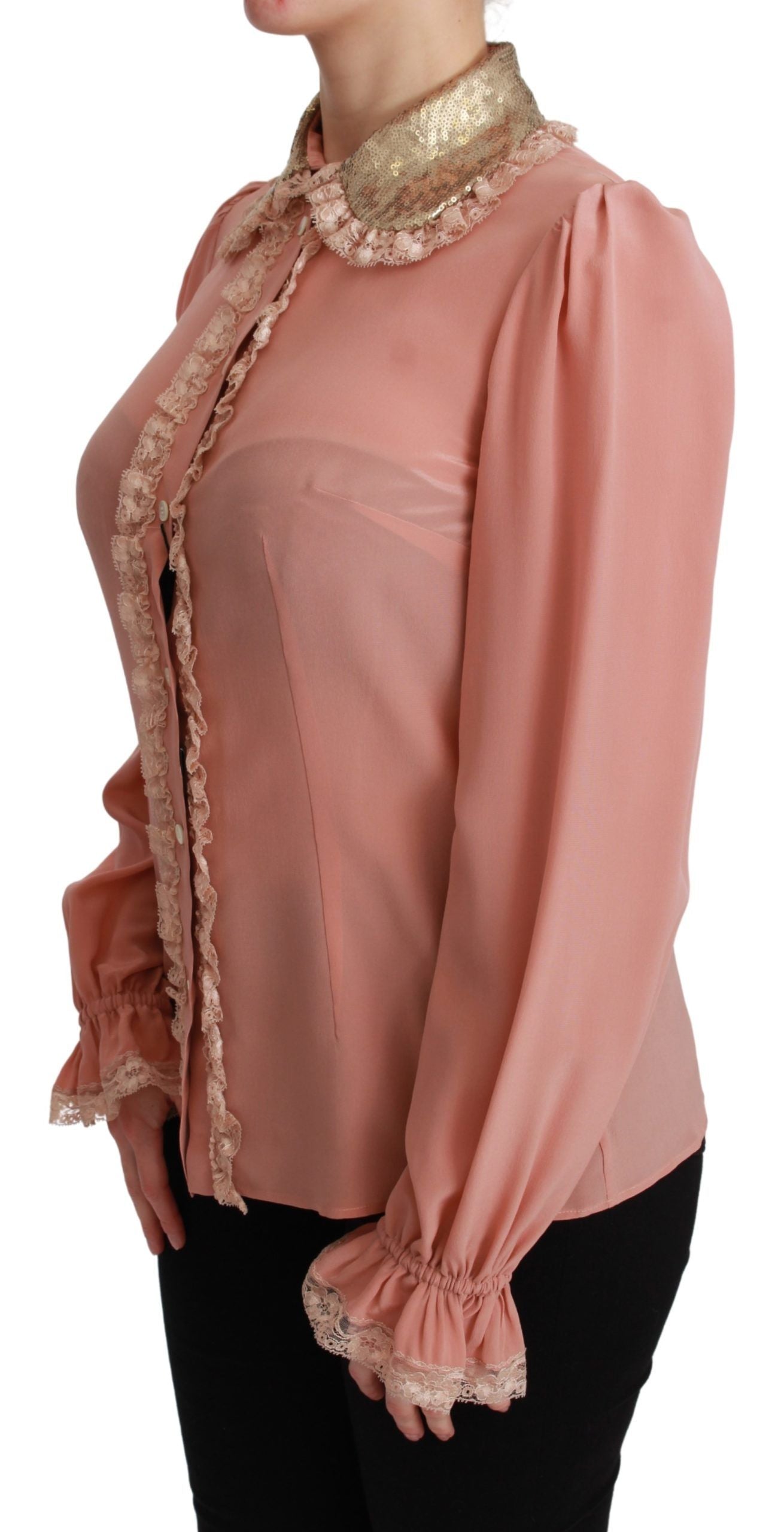 Dolce & Gabbana Pink Silk Gold Sequin Lace Blouse Shirt-3