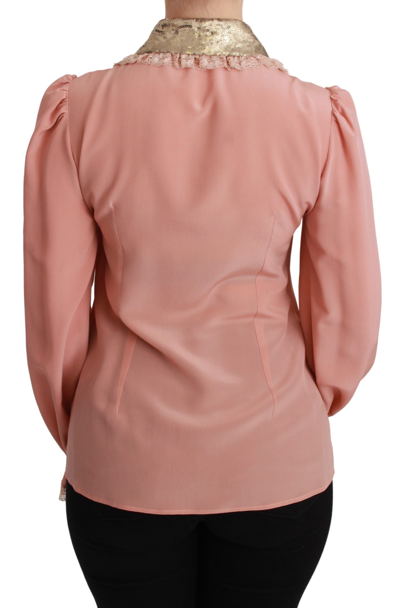 Dolce & Gabbana Pink Silk Gold Sequin Lace Blouse Shirt-4