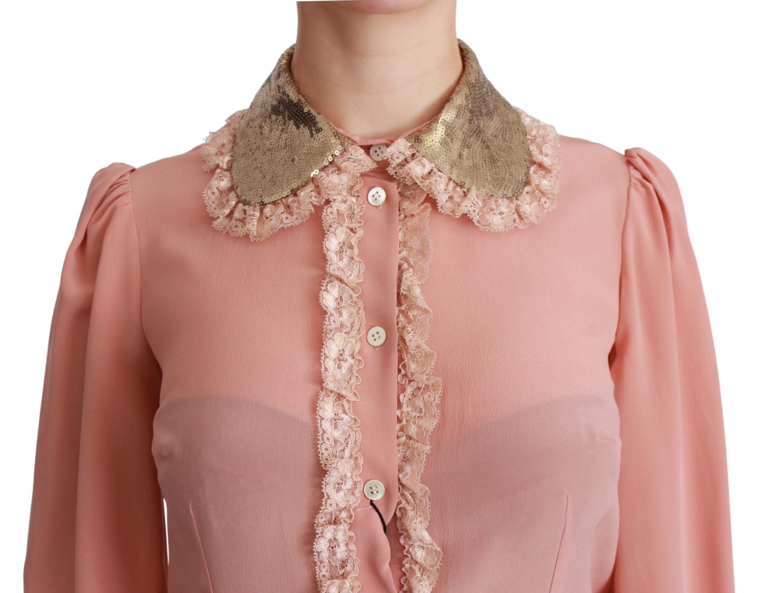Dolce & Gabbana Pink Silk Gold Sequin Lace Blouse Shirt-5