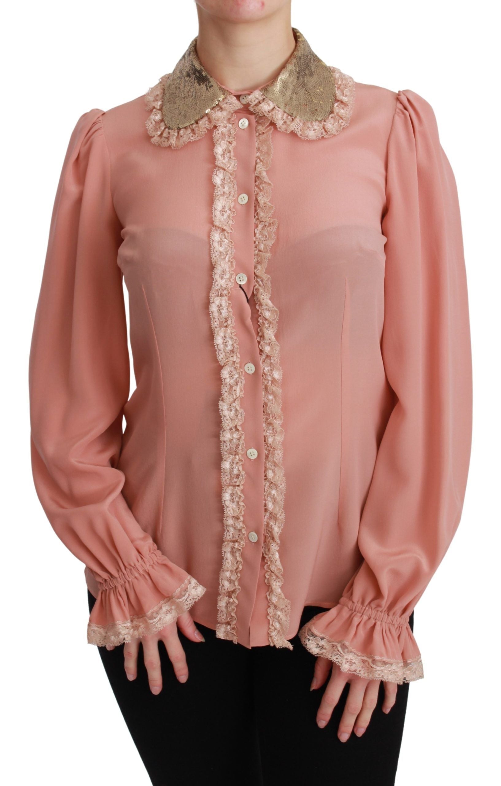 Dolce & Gabbana Pink Silk Gold Sequin Lace Blouse Shirt-1