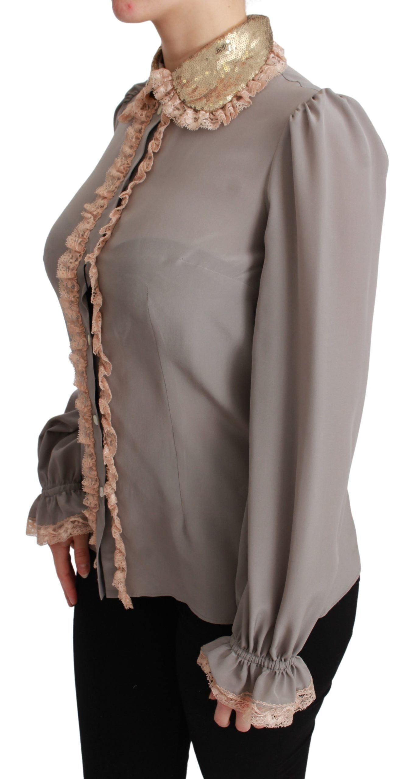 Blusa de encaje con lentejuelas doradas y seda gris de Dolce & Gabbana-2