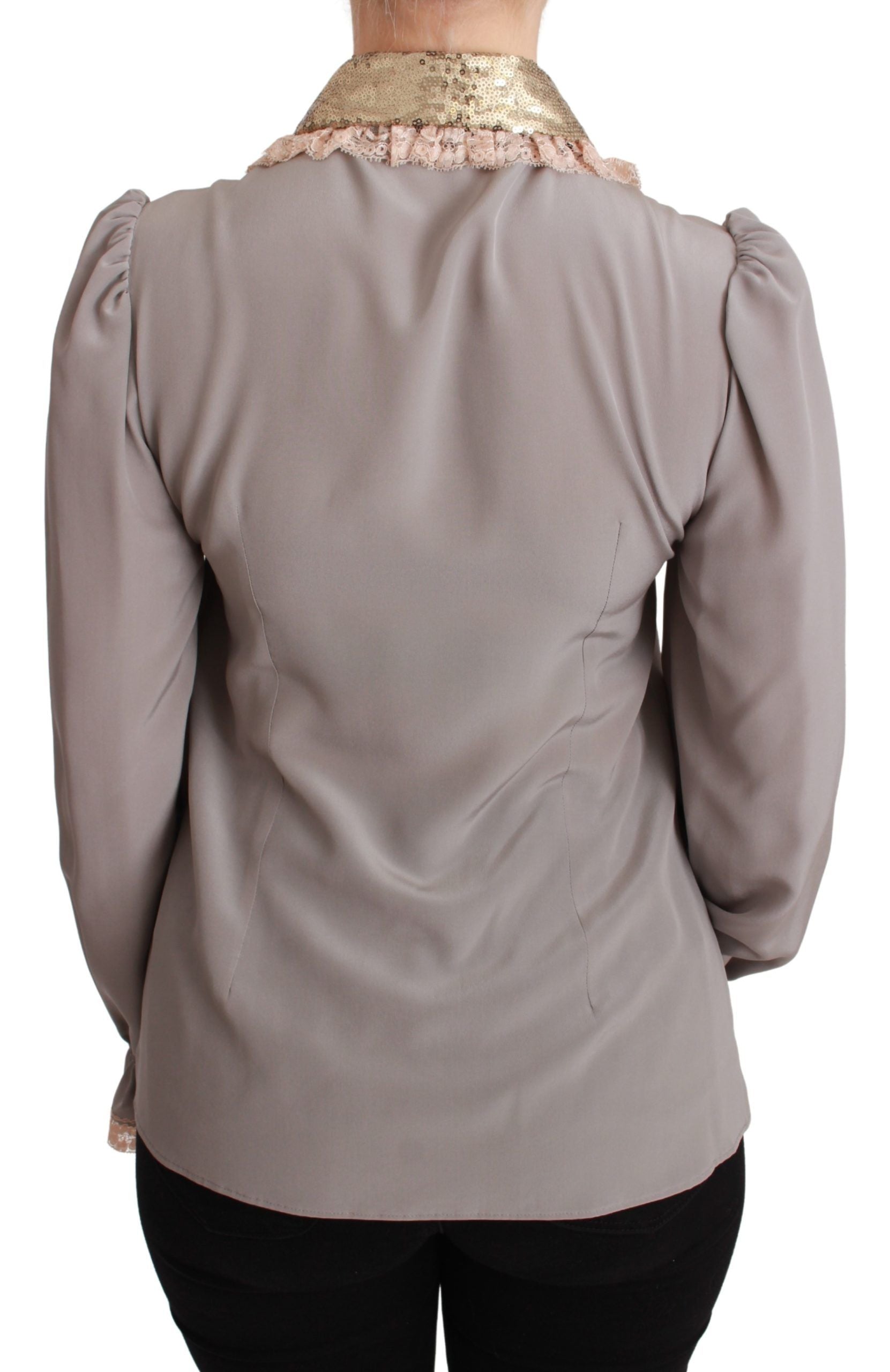 Blusa de encaje con lentejuelas doradas y seda gris de Dolce & Gabbana-3
