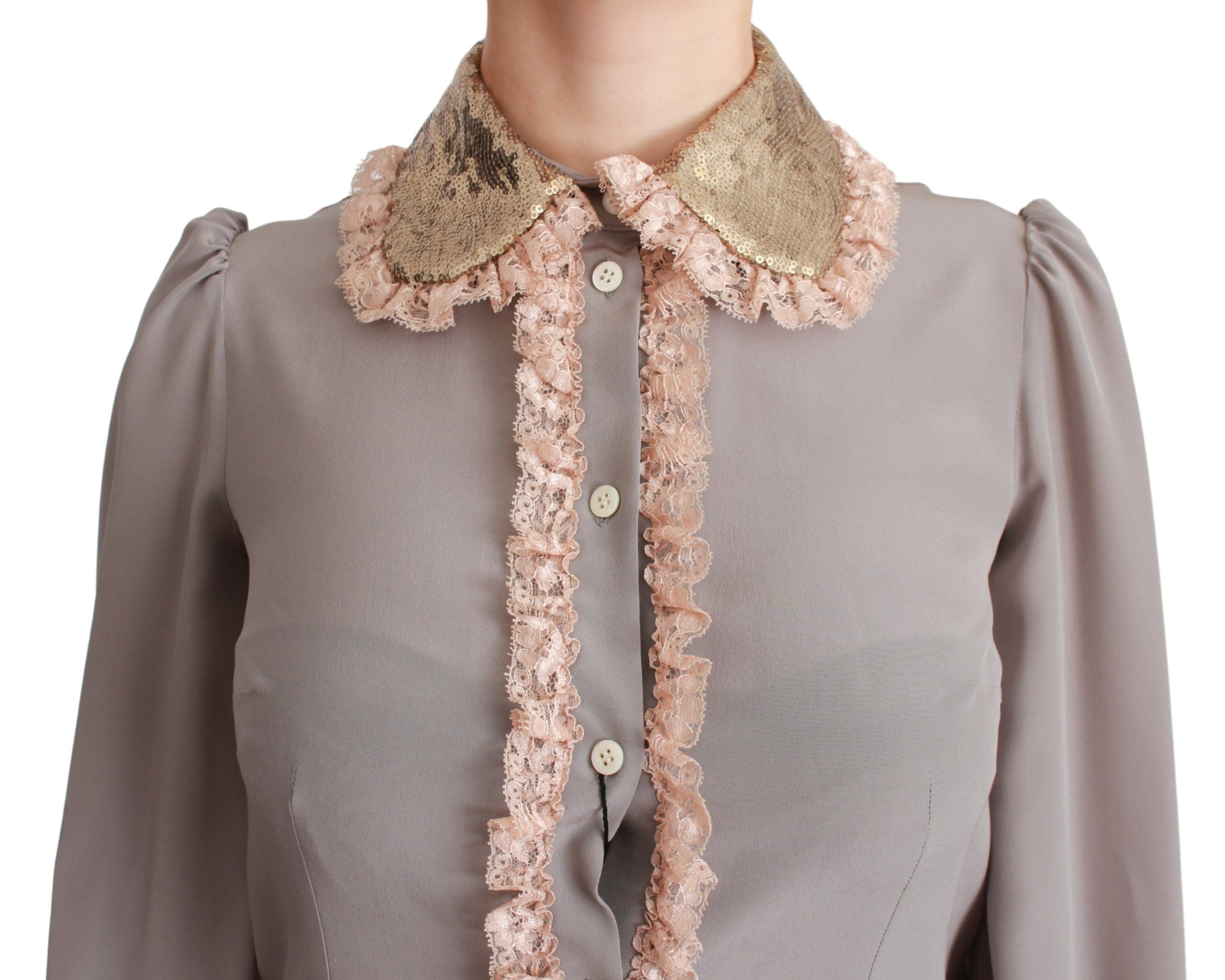 Blusa de encaje con lentejuelas doradas y seda gris de Dolce & Gabbana-4