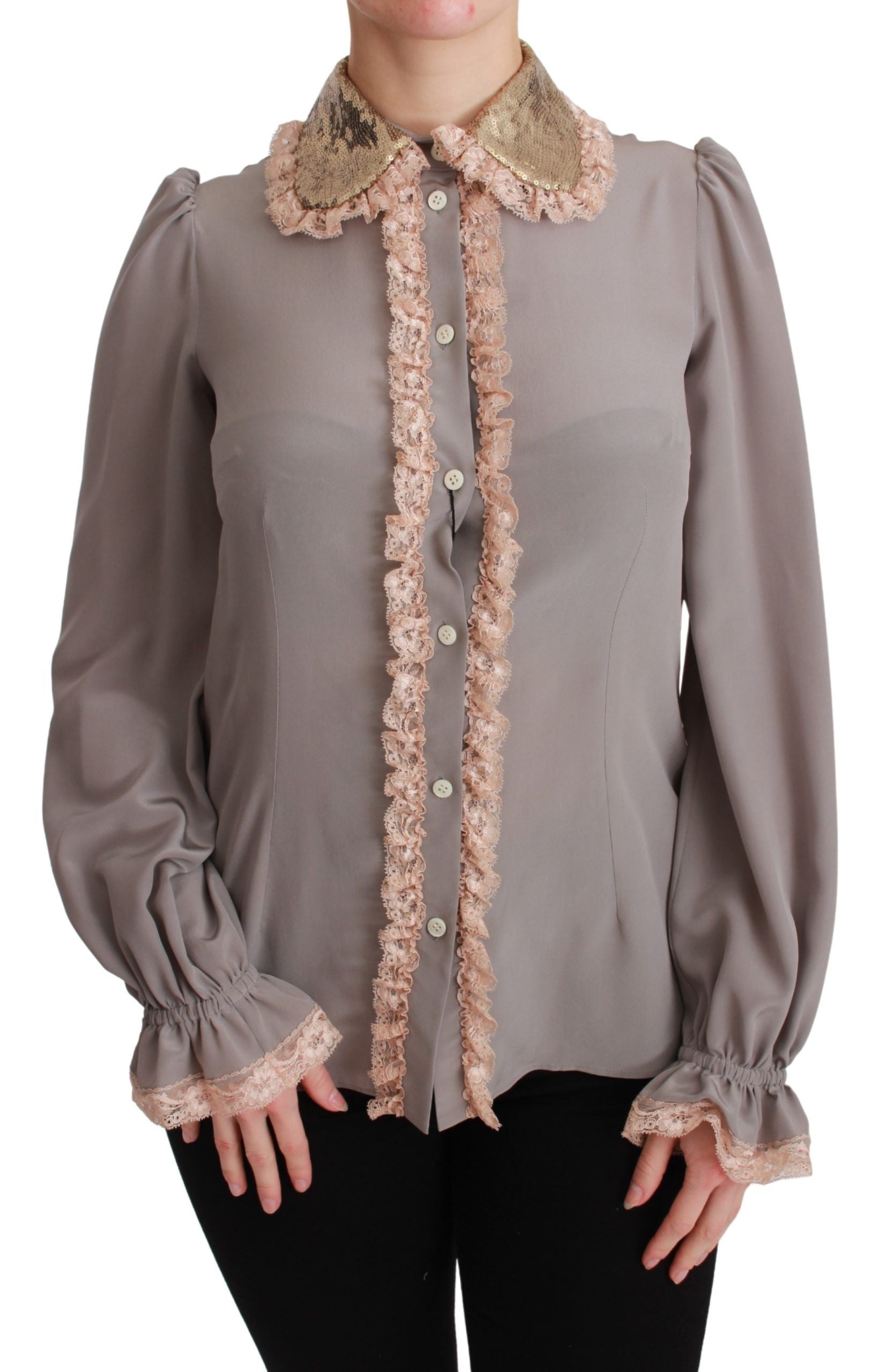 Blusa de encaje con lentejuelas doradas y seda gris de Dolce & Gabbana-1