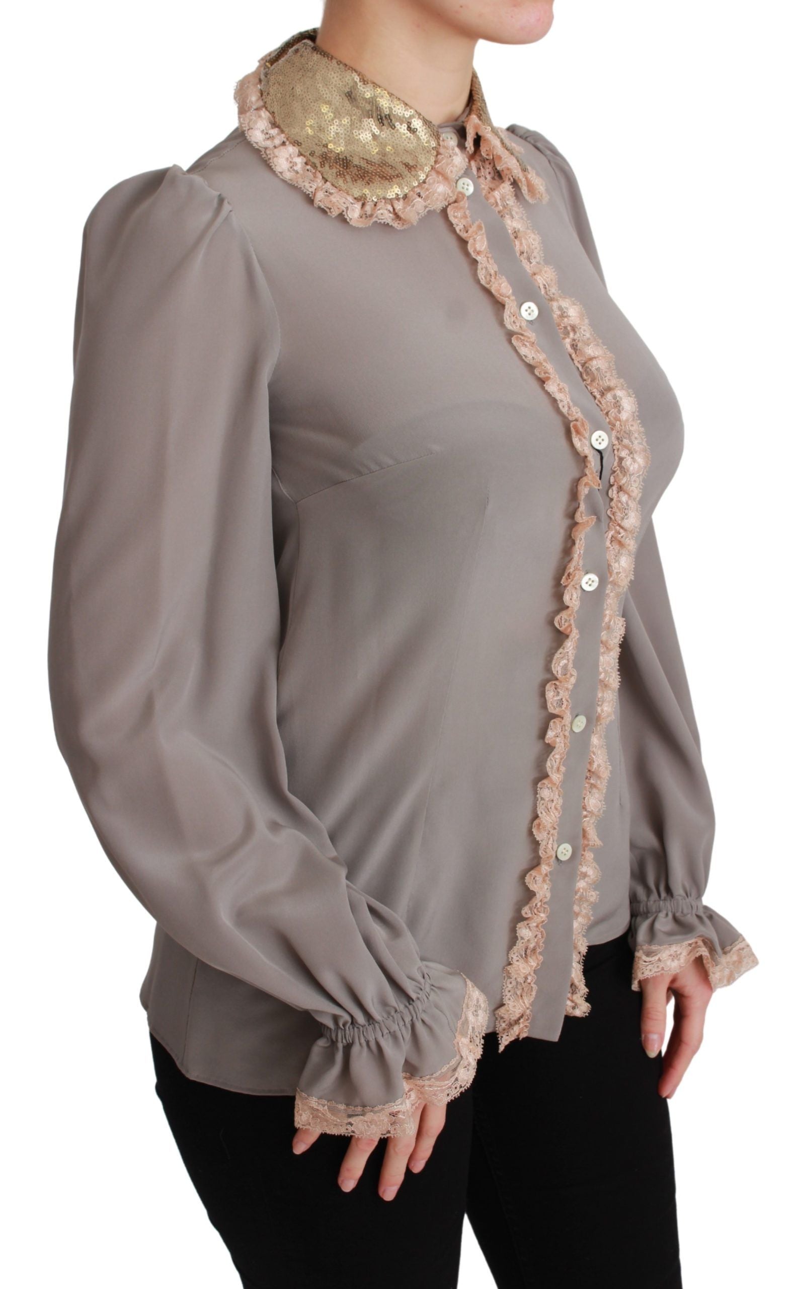 Blusa de encaje con lentejuelas doradas y seda gris de Dolce & Gabbana-5