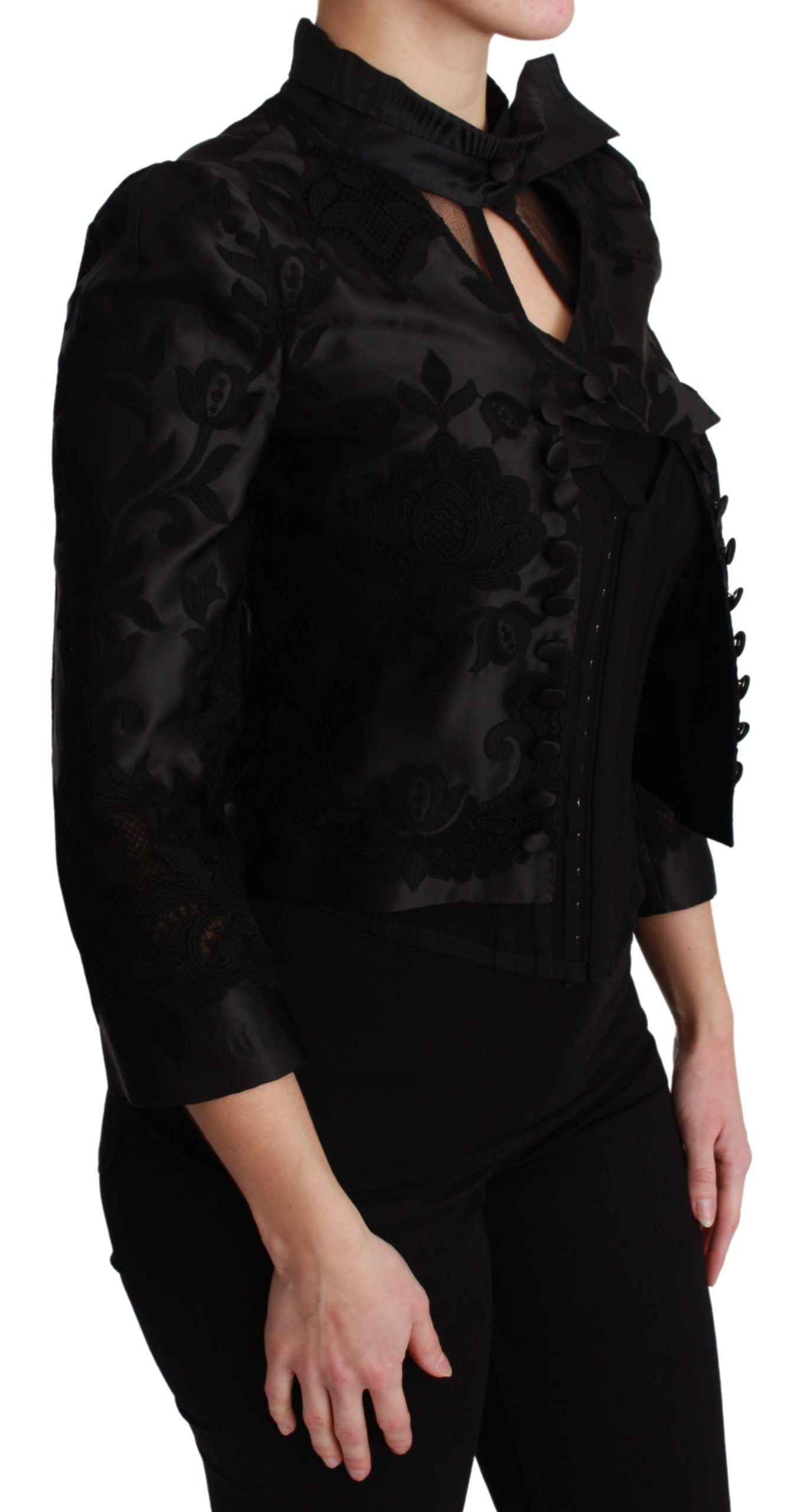 Dolce & Gabbana Schwarzer Jacquard-Blazer mit Blumenmuster Seidenjacke-2