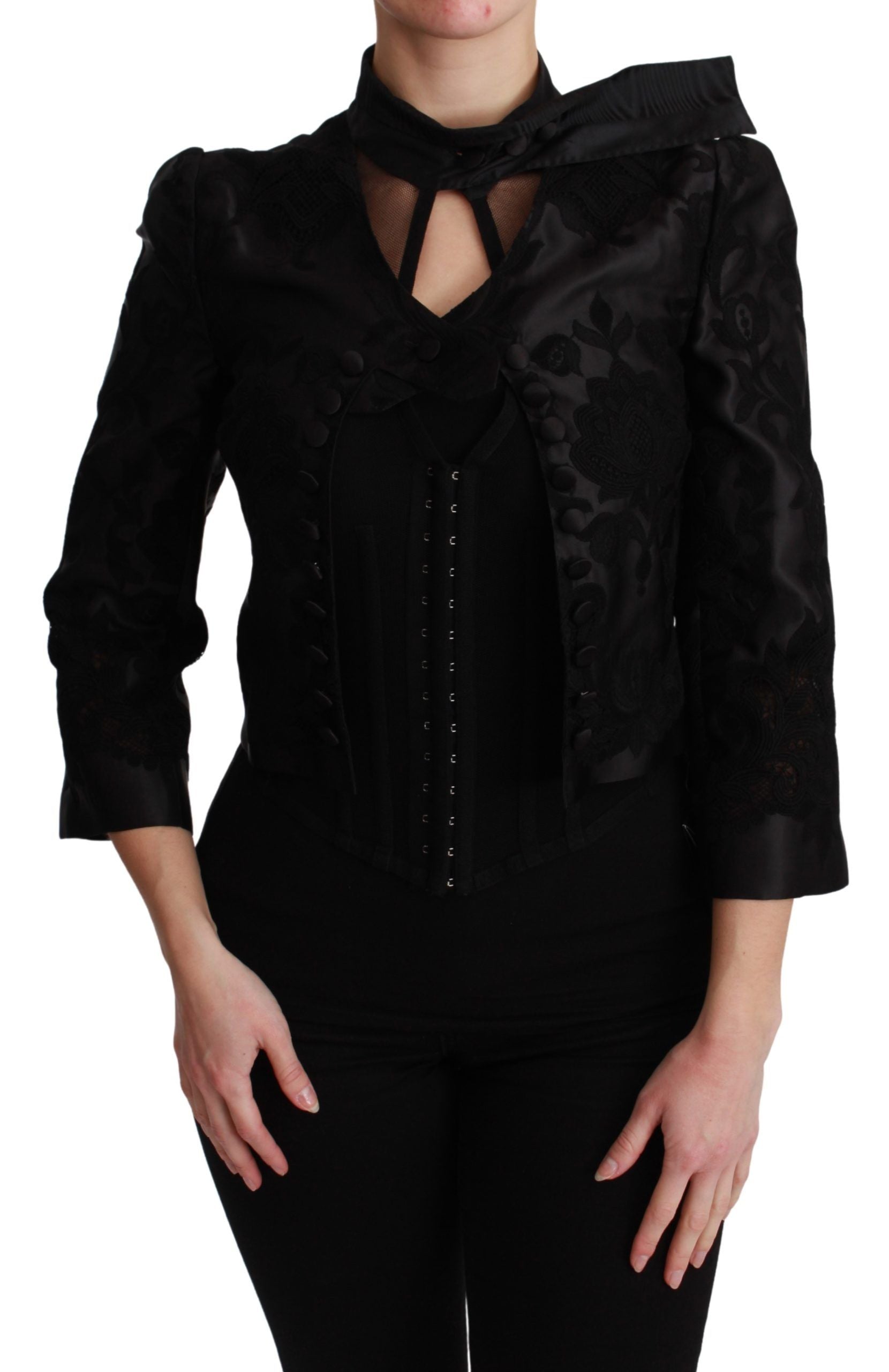 Dolce & Gabbana Schwarzer Jacquard-Blazer mit Blumenmuster Seidenjacke-1