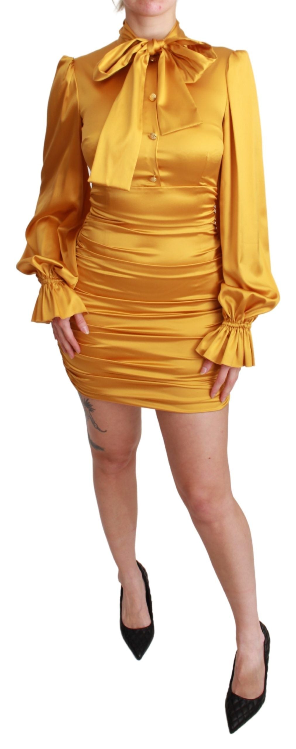 Dolce & Gabbana Yellow Silk Stretch Bodysuit Mini Dress-1