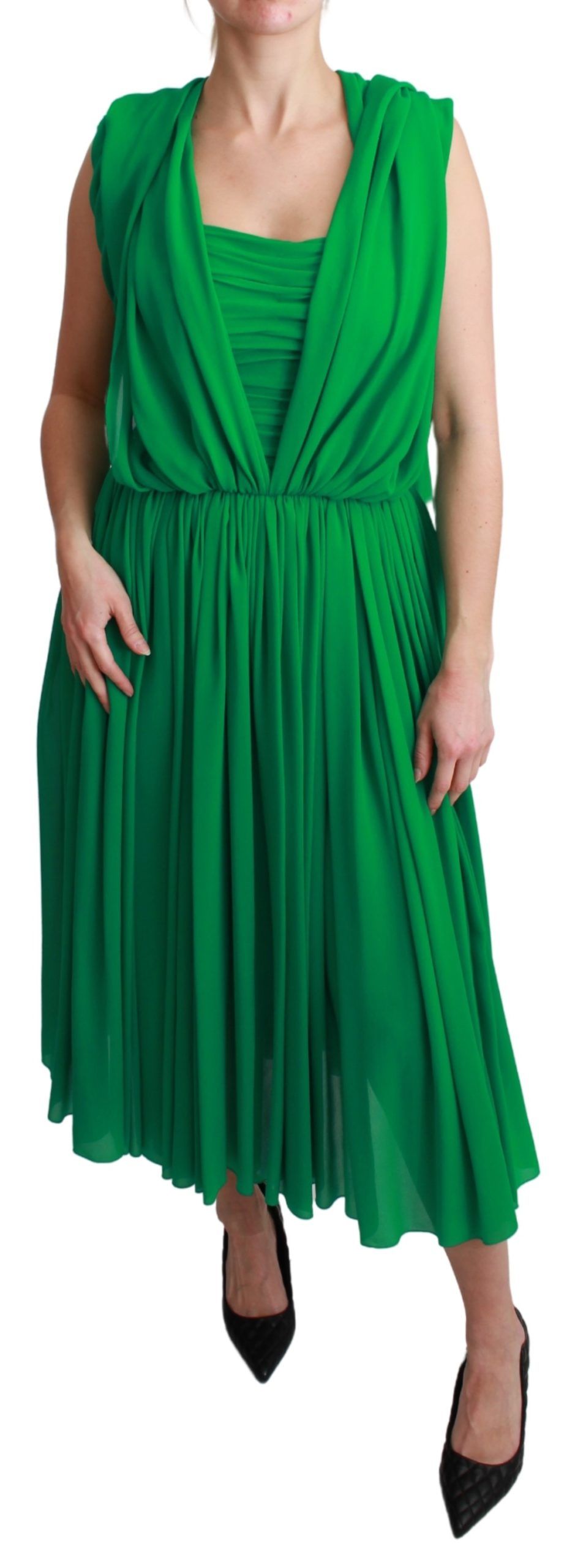 Dolce & Gabbana 100% Silk Green Sleeveless Pleated Maxi Dress-1