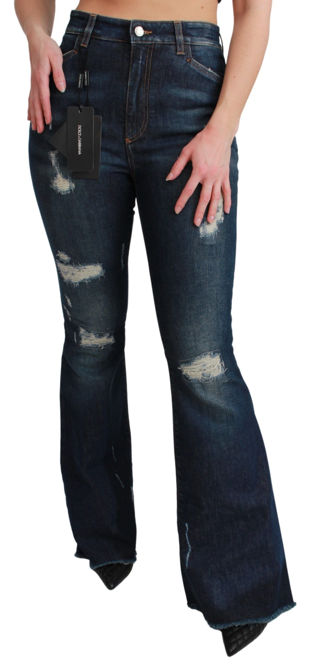 Dolce & Gabbana Blue Denim Cotton Stretch Flared Trousers-1