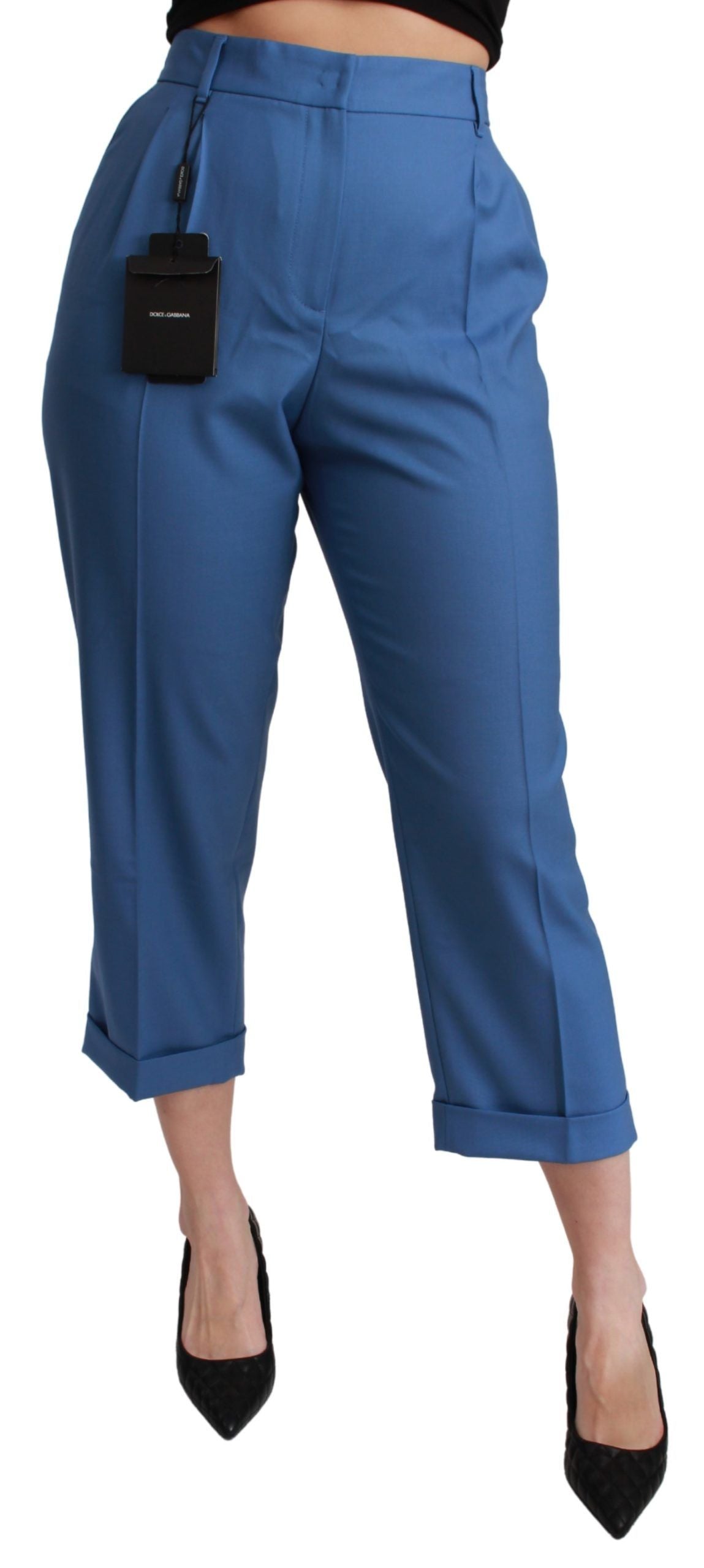 Dolce & Gabbana blue pleated wool trousers with cuffs and cropped length-1