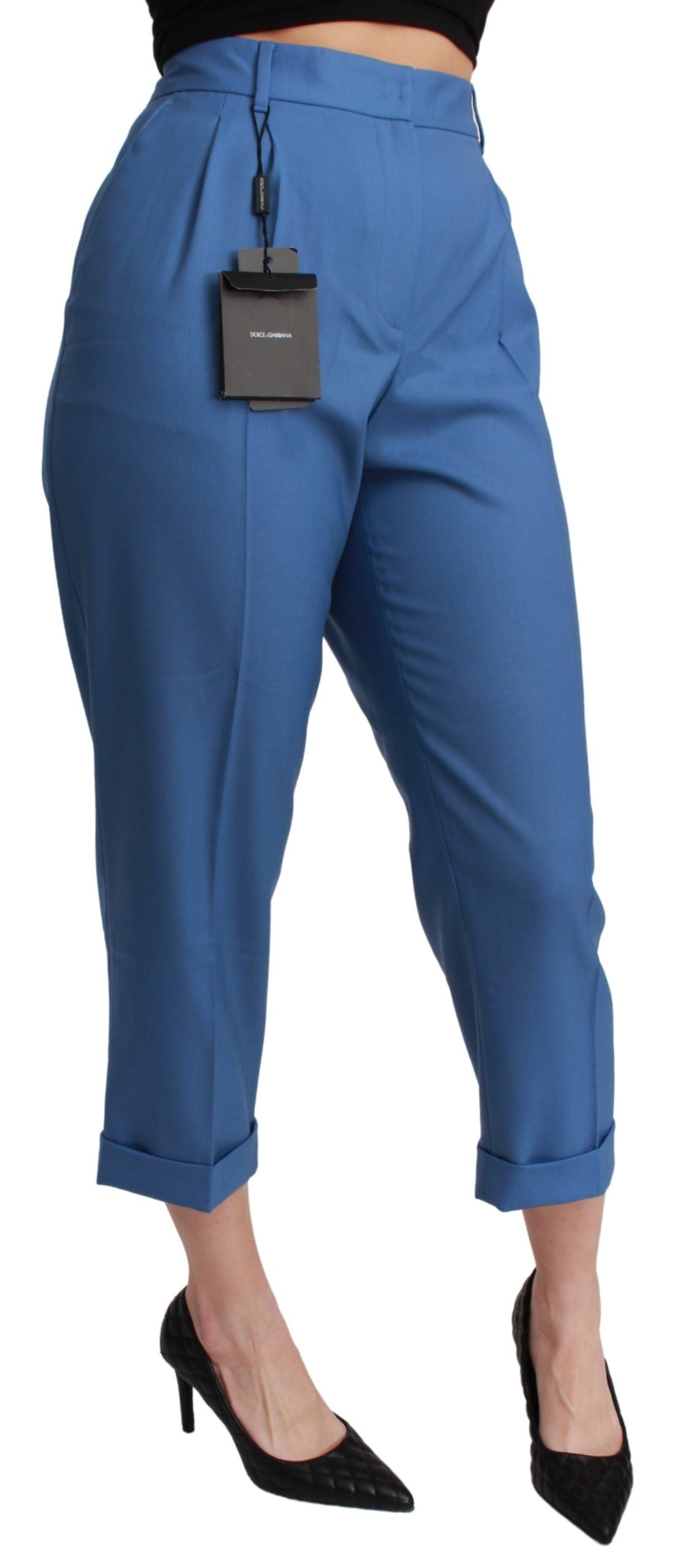 Dolce & Gabbana blue pleated wool trousers with cuffs and cropped length-2