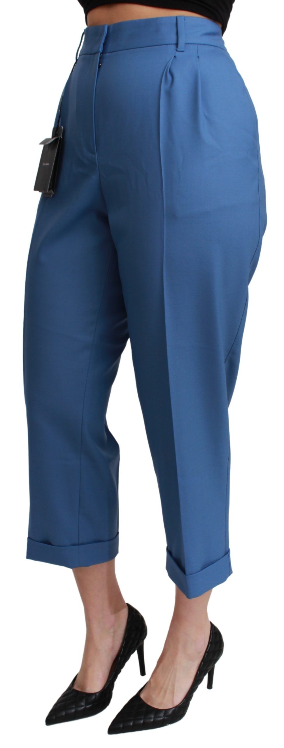 Dolce & Gabbana blue pleated wool trousers with cuffs and cropped length-3