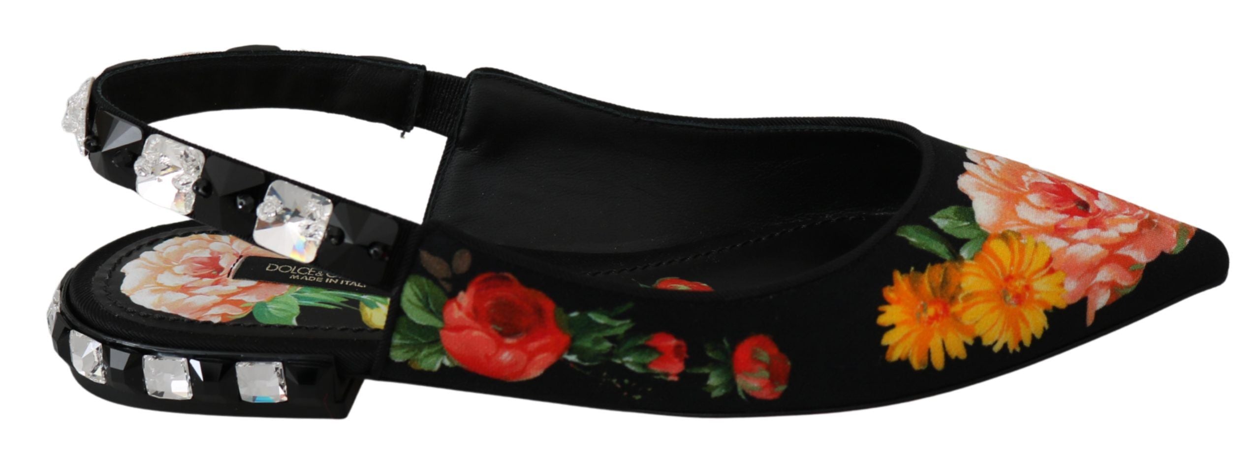 Dolce & Gabbana Black Floral Crystal Slingback Flats Shoes