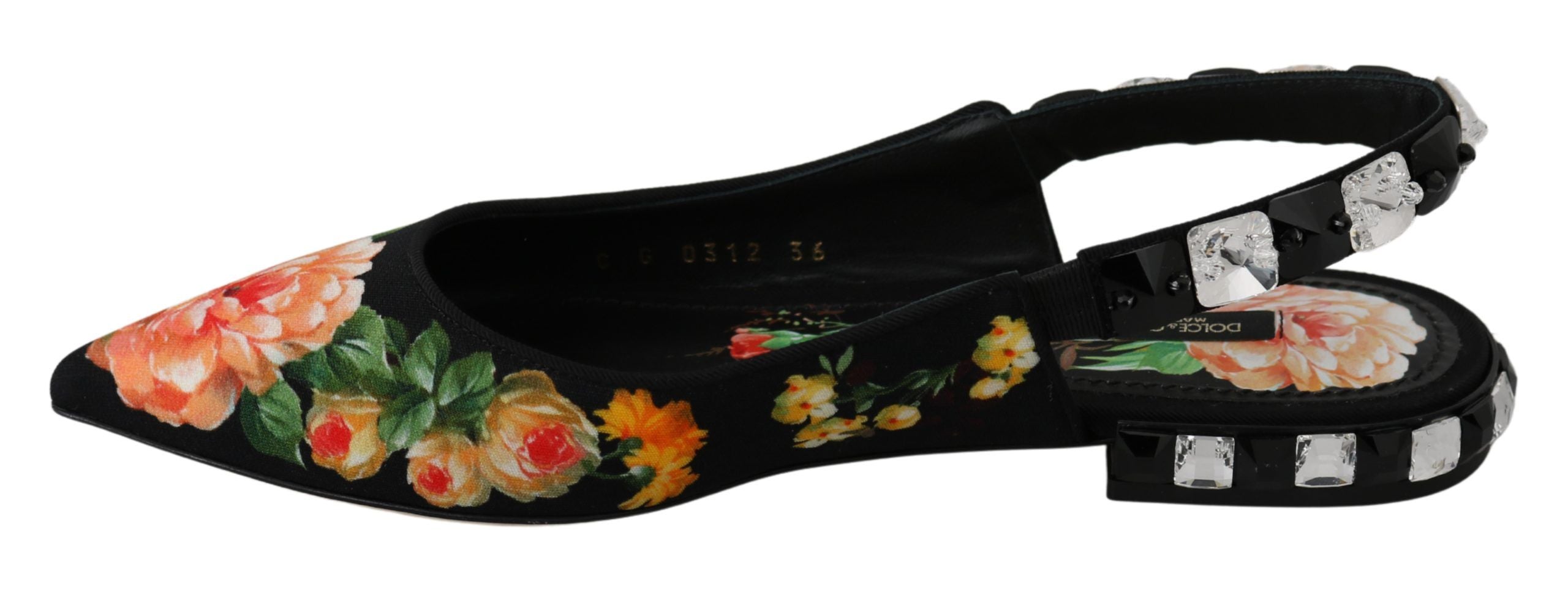 Dolce & Gabbana Black Floral Crystal Slingback Flats Shoes-2