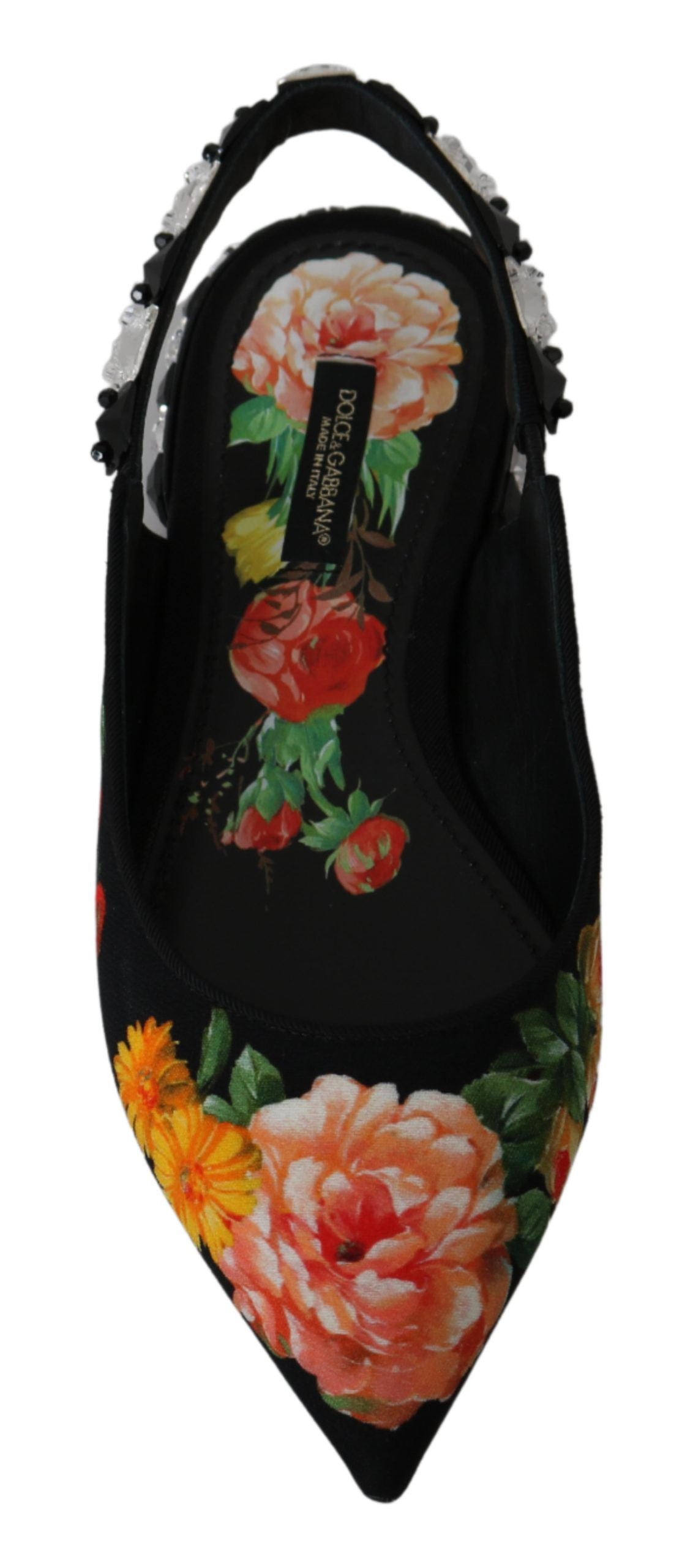 Dolce & Gabbana Black Floral Crystal Slingback Flats Shoes-4